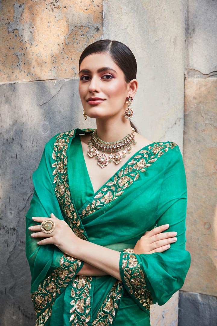 green silk organza saree