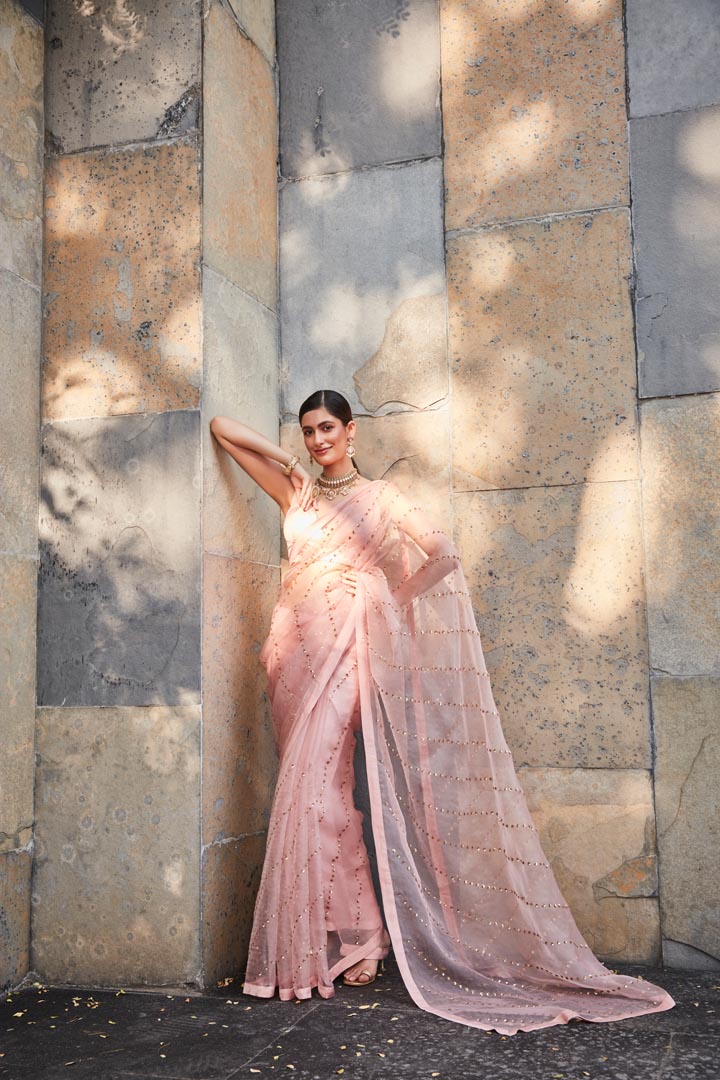 blush pink silk organza saree