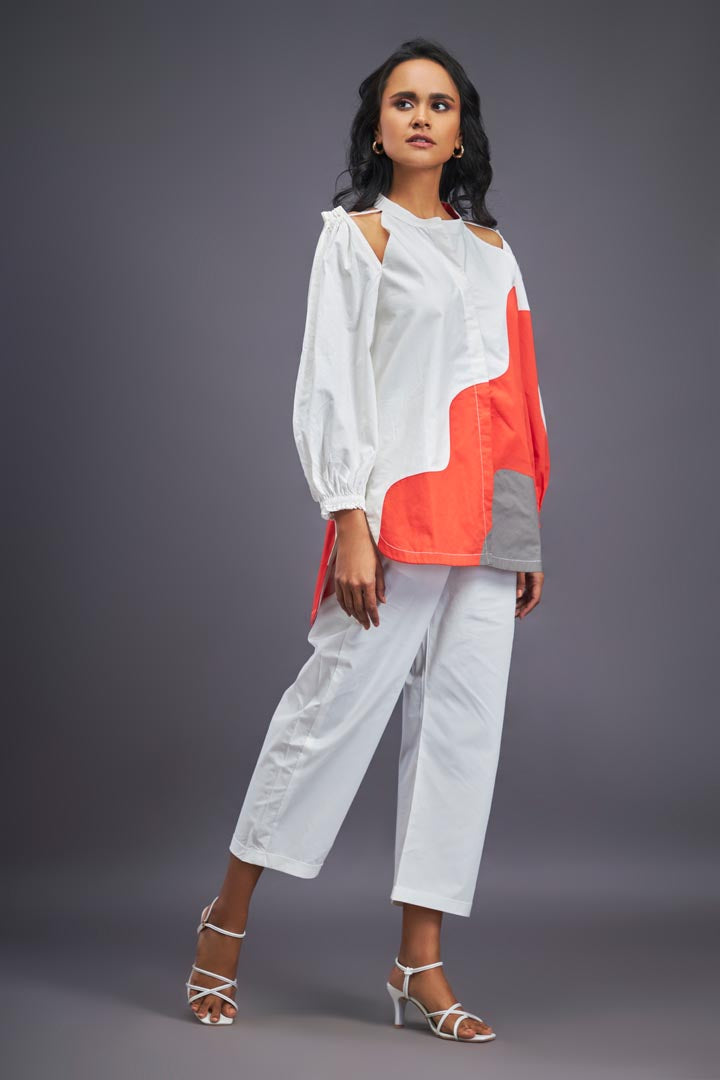 WHITE ORANGE COLD SHOULDER SHIRT