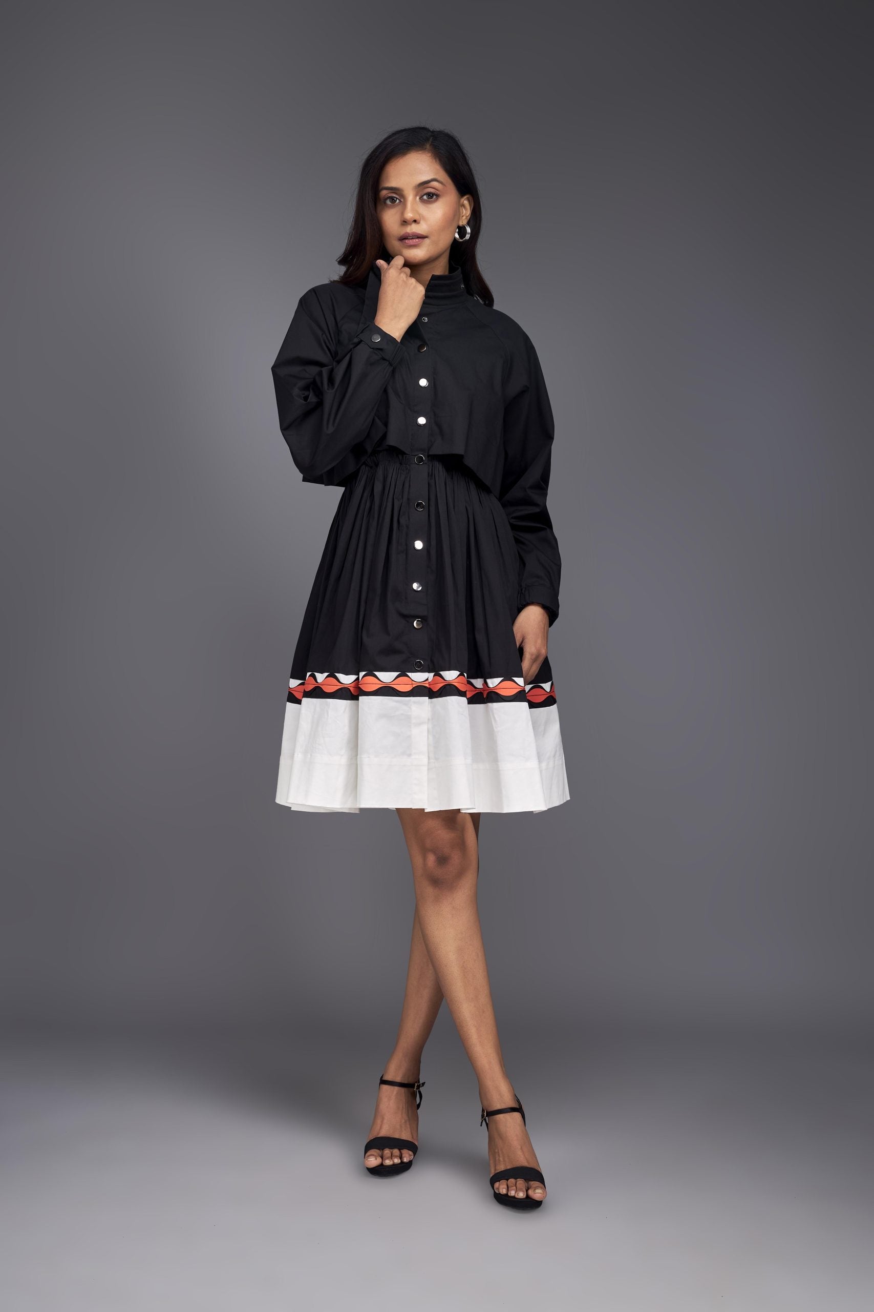 BLACK & WHITE COLOUR BLOCK JACKET STYLE RUFFLE DRESS