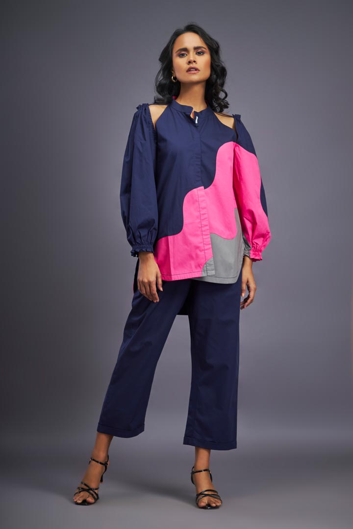 NAVY BLUE PINK COLD SHOULDER SHIRT