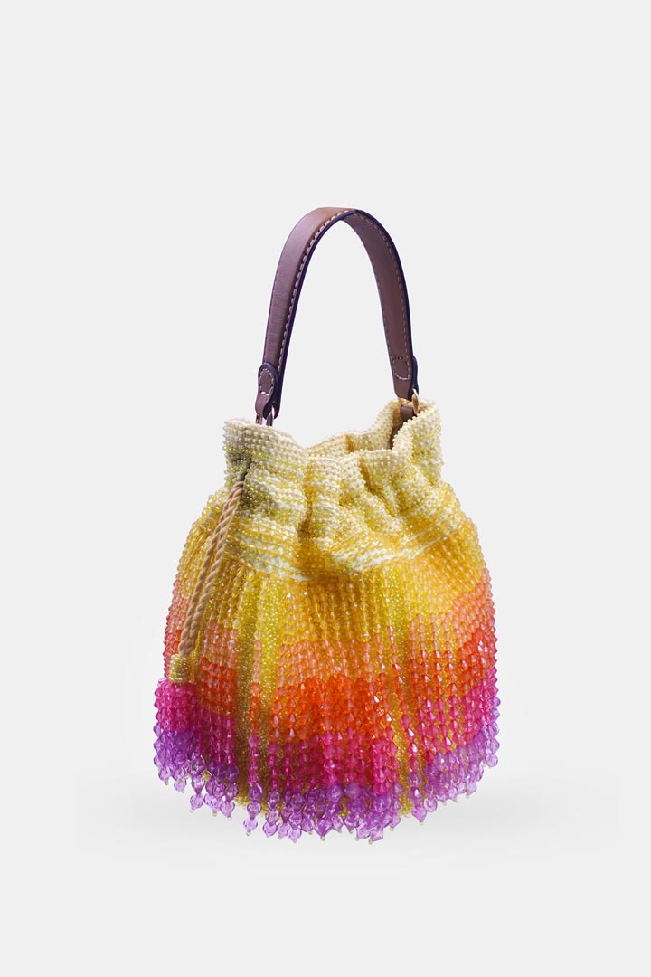 Handcrafted Yellow Ombre Potli Bag With Crystal Fringes And Drawstring Closer