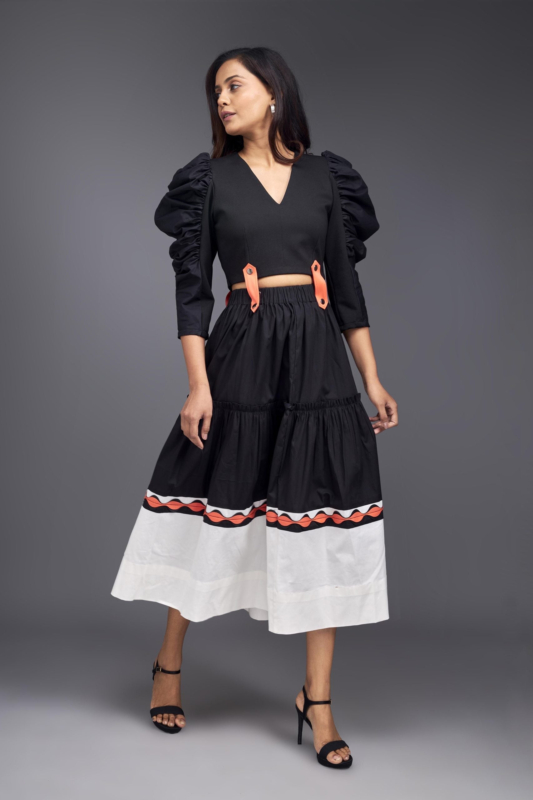 BLACK & WHITE COLOUR BLOCK FLARED CO-ORD WITH NEON TIE-UP CONNECTOR