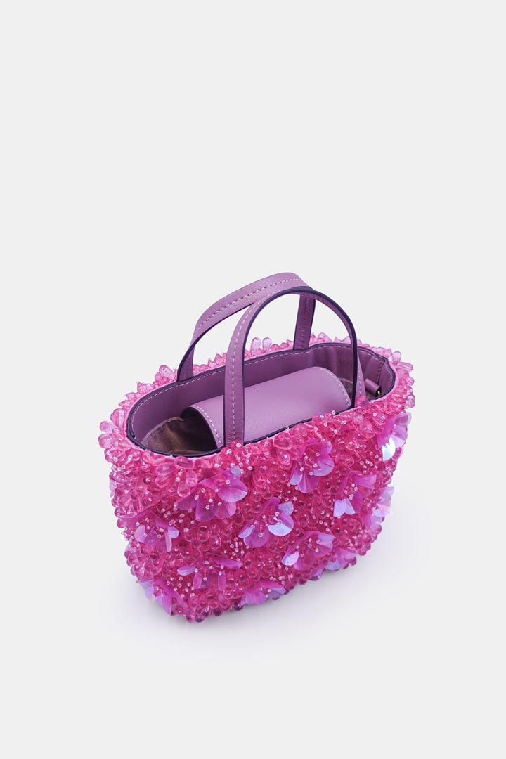 Pink Orchid Bucket Bag With 3D Flower Crystal Bead Embellishments