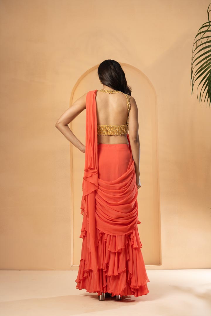 Peach embroidered pre-stitched drape ruffle saree