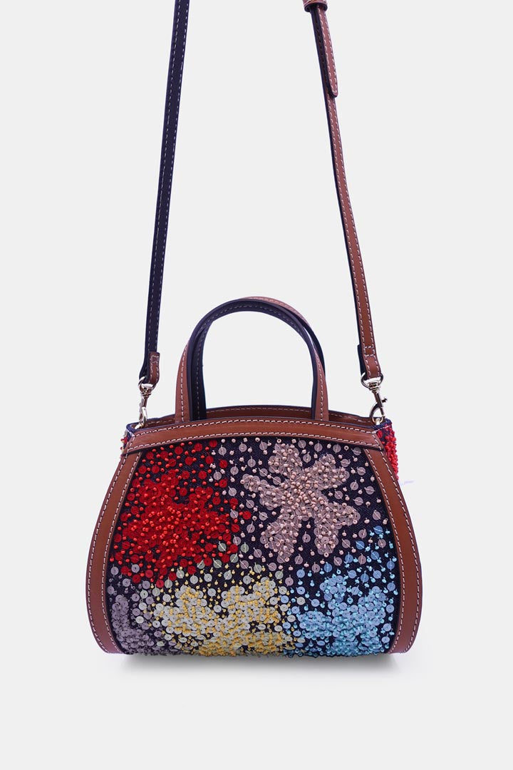 Colorful Sequin and Bead Embellished Denim Clutch Bag with Crossbody Strap