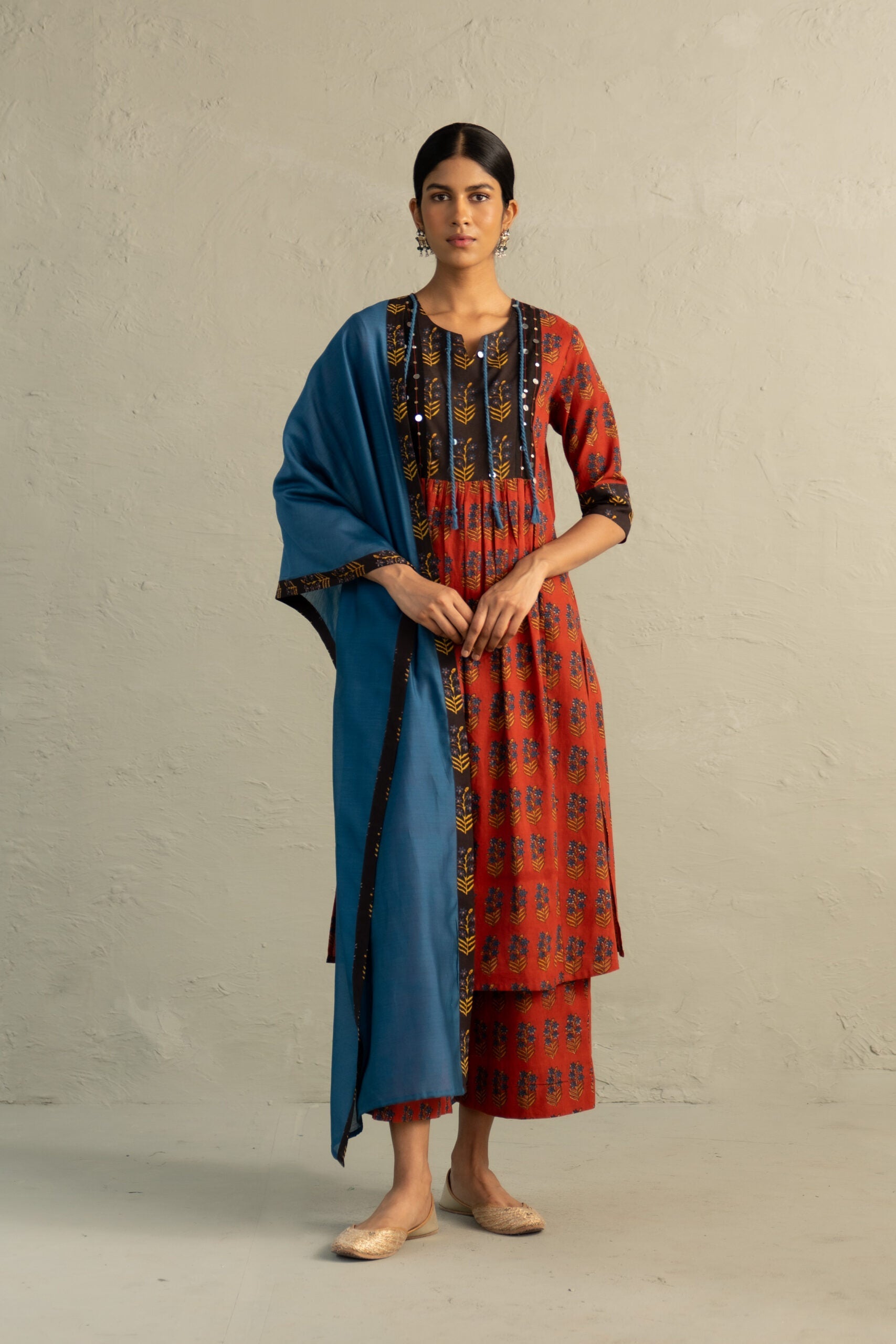 Red Phool Dori Hand Block Kurta Set