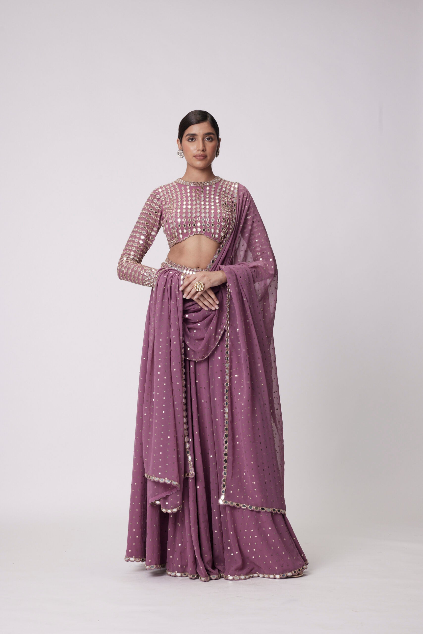 Image of MUD  MAUVE HAND EMBROIDERED LEHENGA PANTS SET