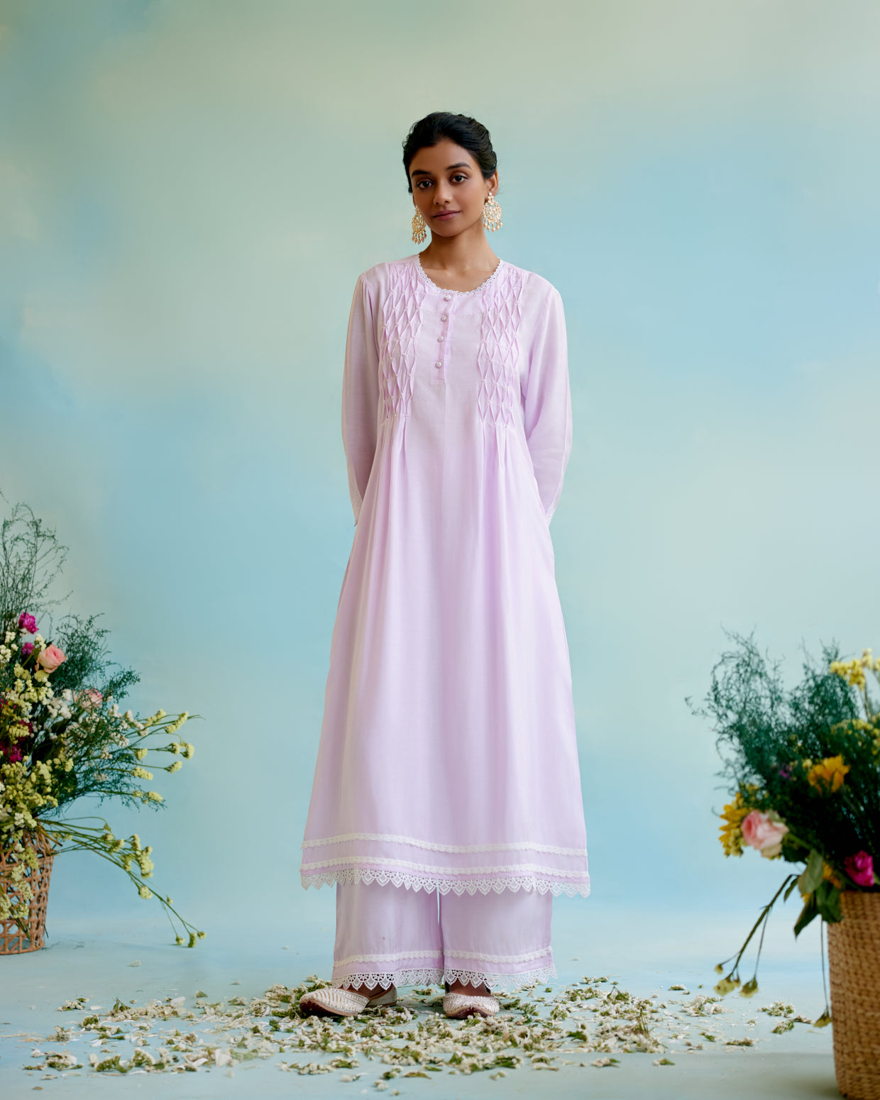 Image of Lilac Pearl Kurta in Silky Modal with Beaded Smocking and Delicate Lace Detaling with Wide Leg Pants