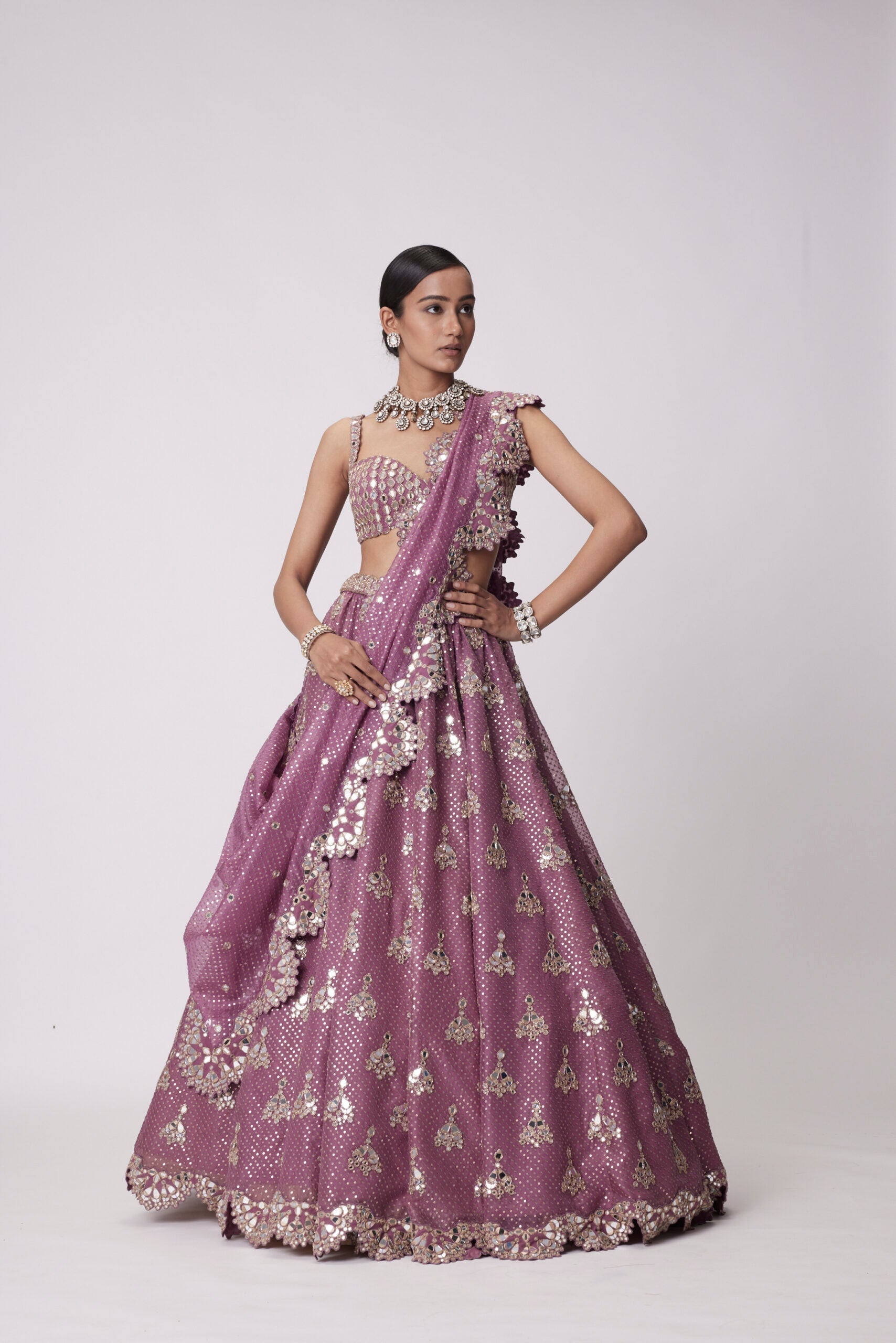 Image of MUD  MAUVE SEQUIN EMBROIDERED LEHENGA SET