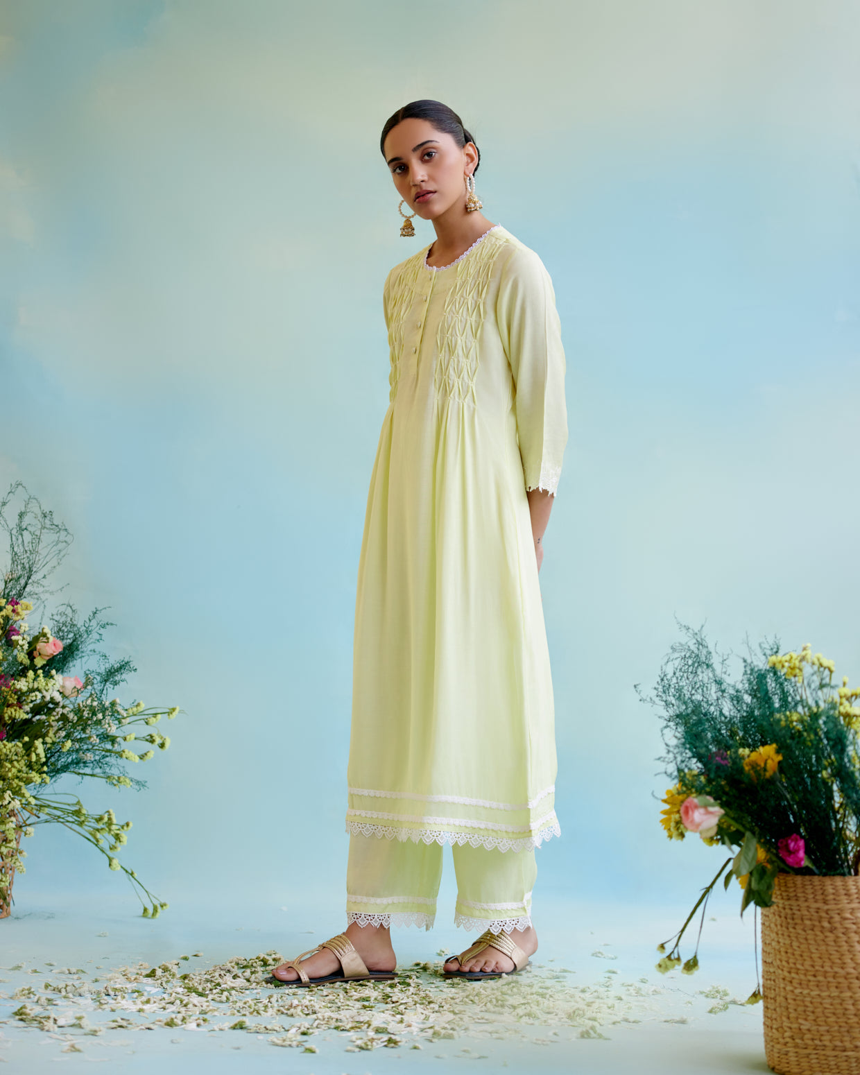 Image of Sunny Lime Pearl Kurta in Silky Modal with Beaded Smocking and Delicate Lace Detaling with Wide Leg Pants