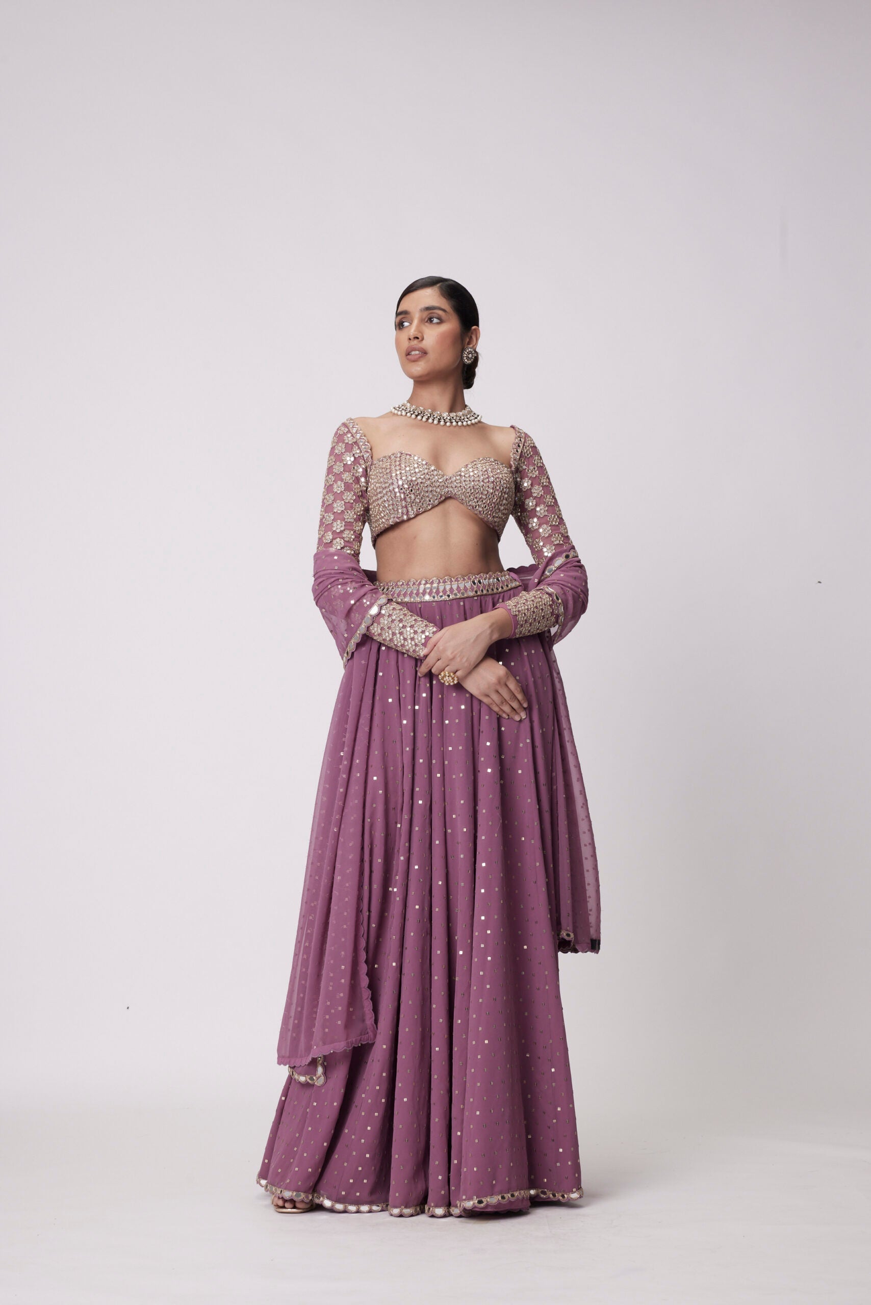 Image of MUD  MAUVE MIRROR EMBROIDERED LEHENGA PANTS SET