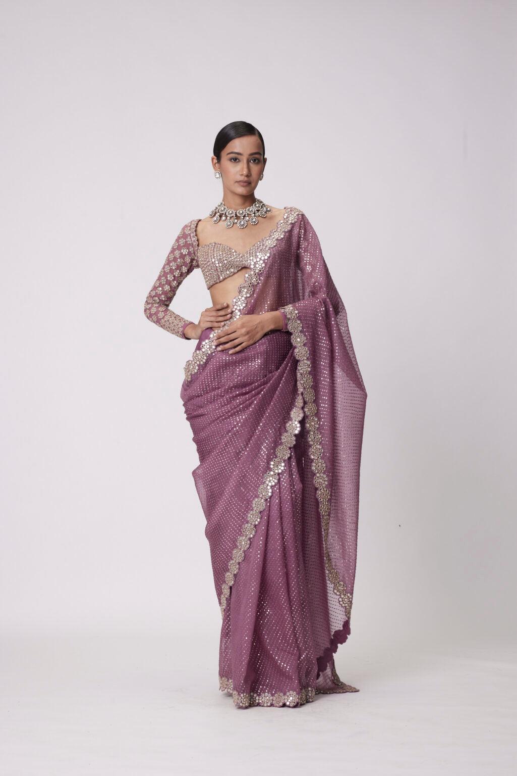 Image of MUD  MAUVE HAND EMBROIDERED ORGANZA SAREE SET