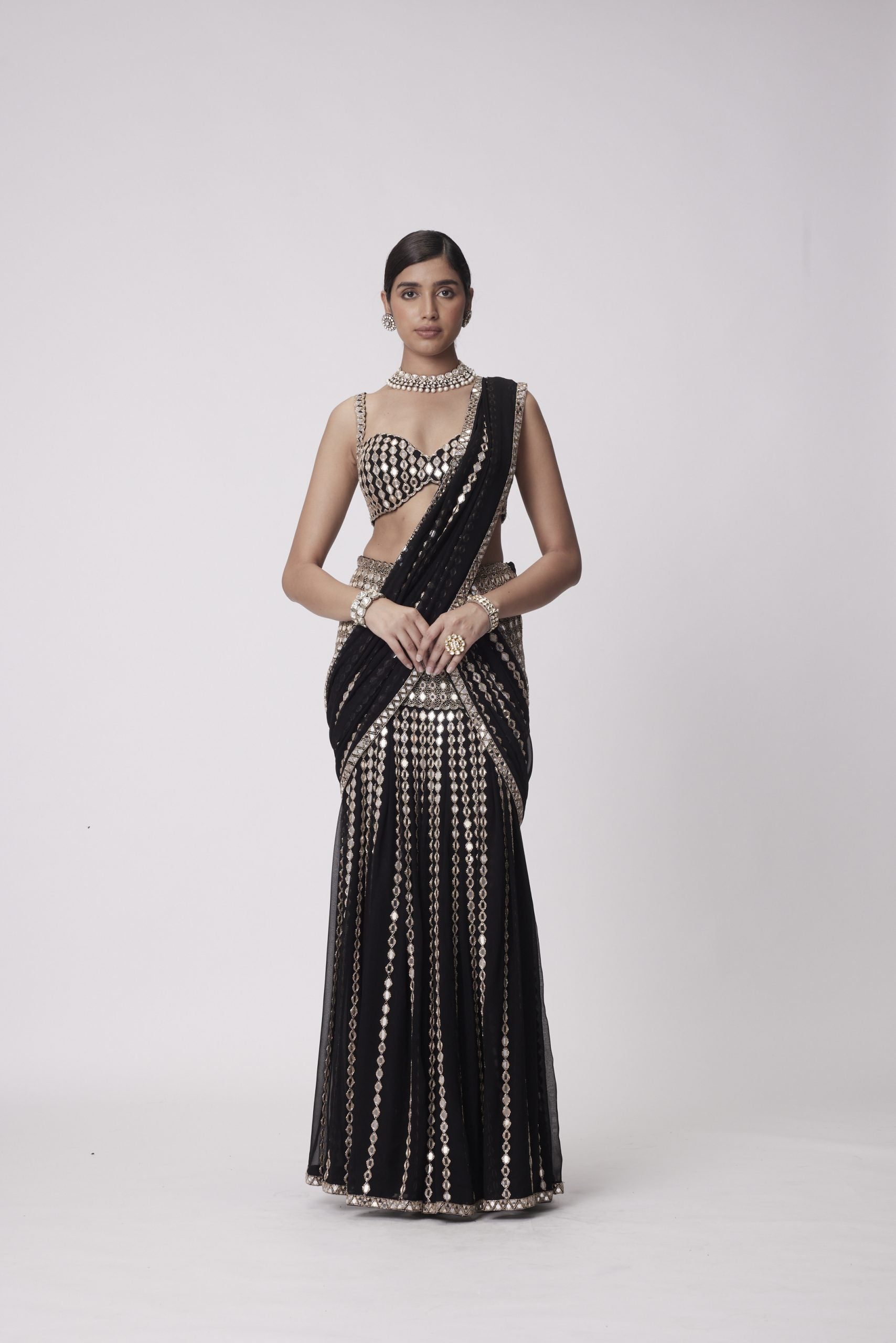 Image of BLACK PRE DRAPED SAREE SET