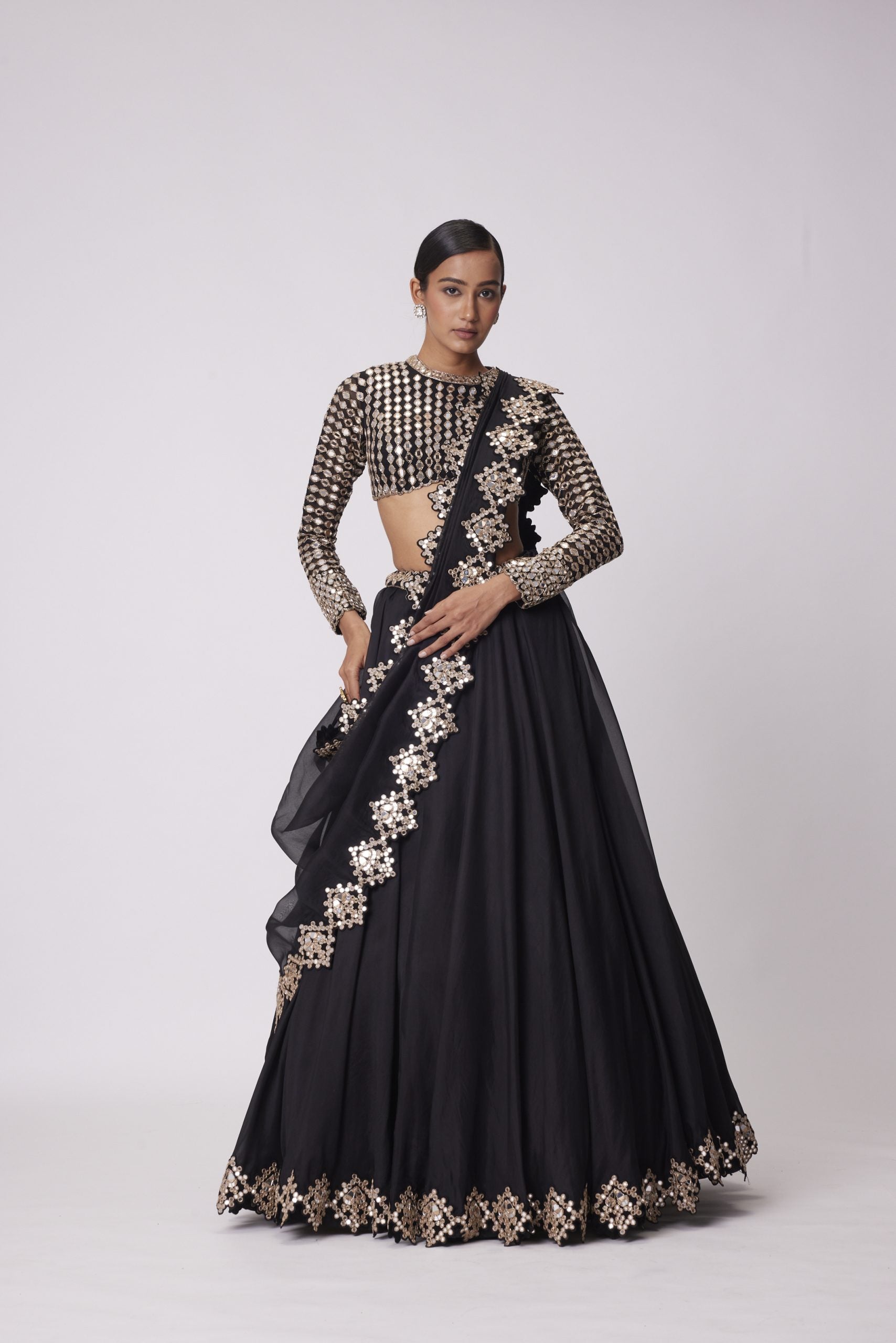 Image of BLACK ORGANZA MIRROR EMBROIDERED LEHENGA SET