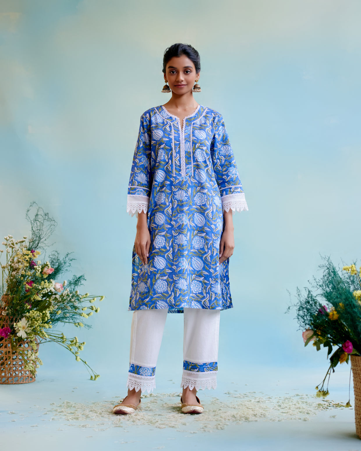Image of Indigo Muse Cotton Kurta with 
delicate lace detailing with Narrow Pants