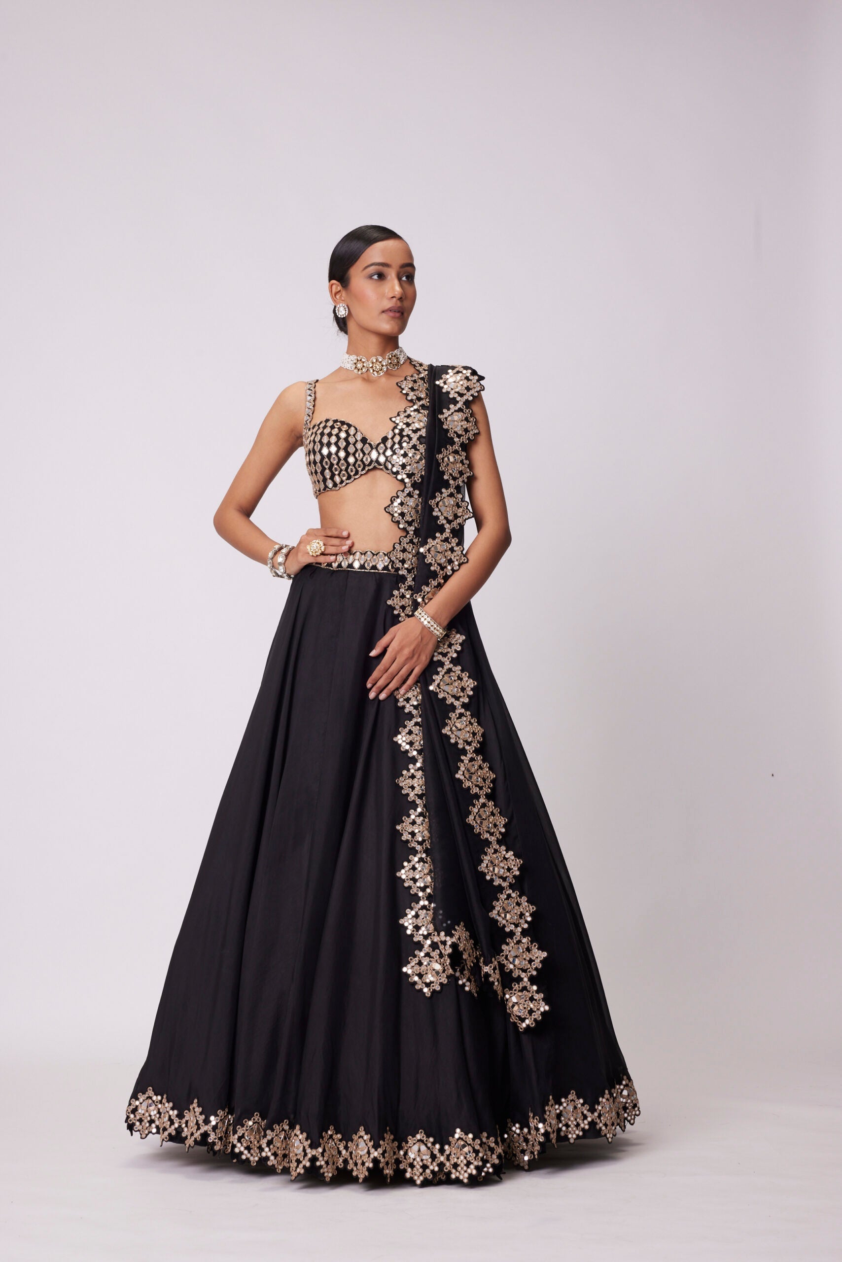 Image of BLACK ORGANZA HAND EMBROIDERED LEHENGA SET