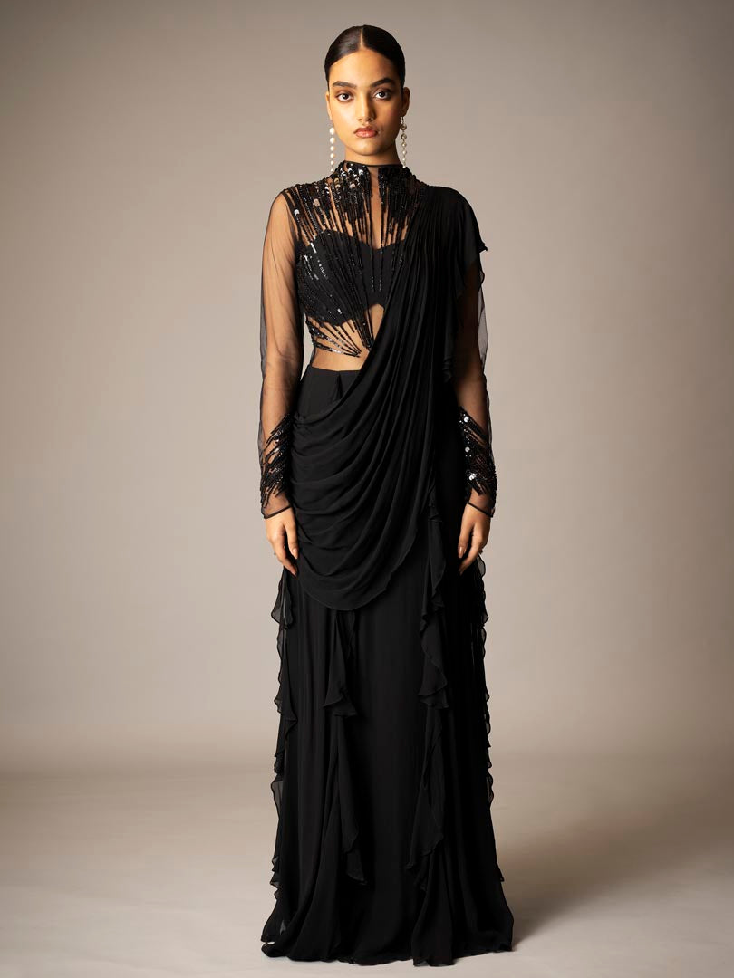 Black Georgette Sequins Hand Embellished Gown Saree