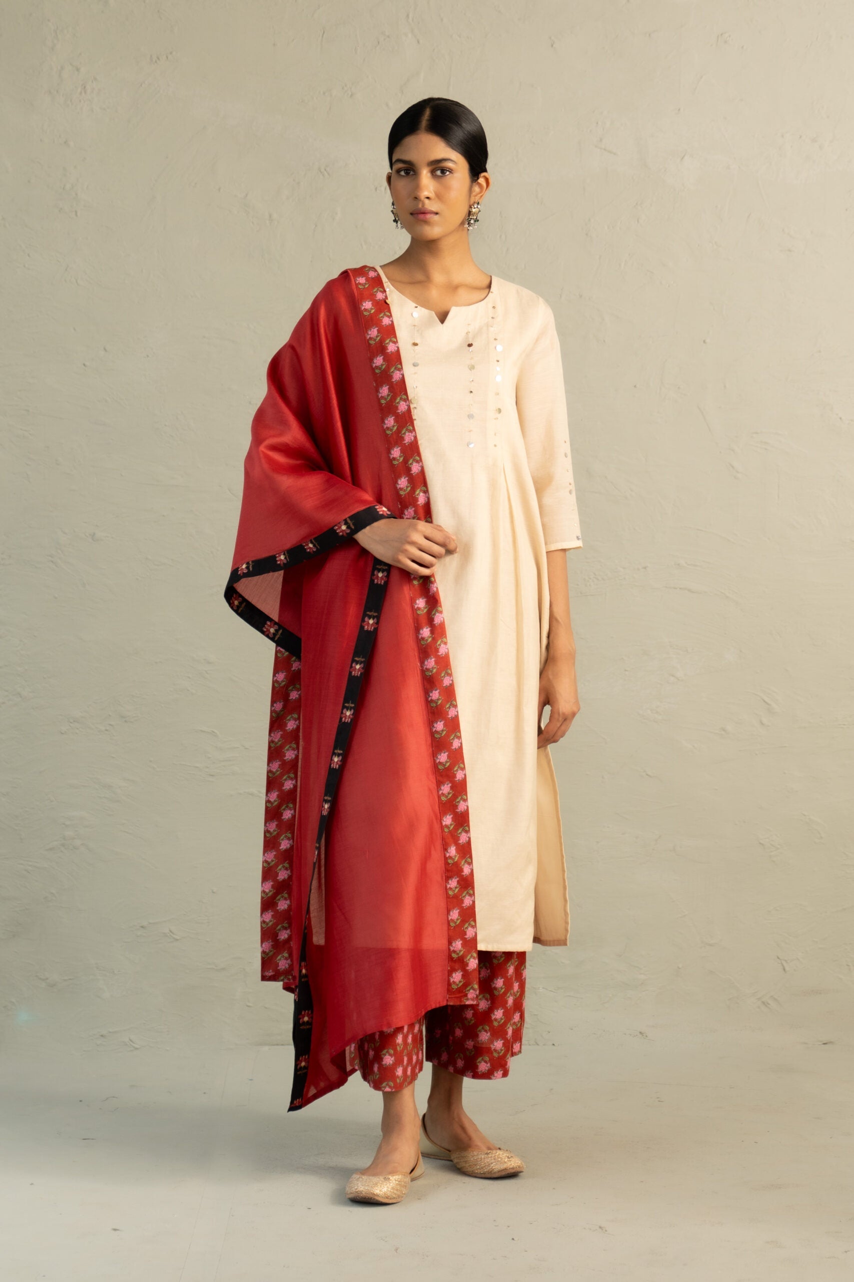 Beige Phool Dori Pleated Kurta Set