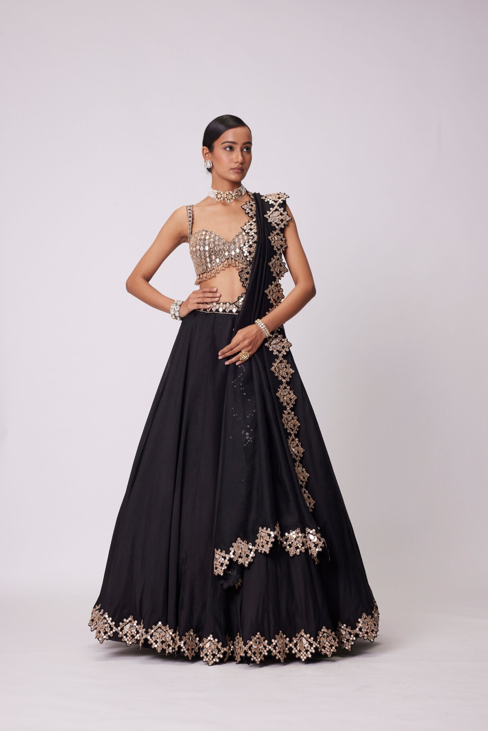 Image of BLACK ORGANZA LEHENGA SET