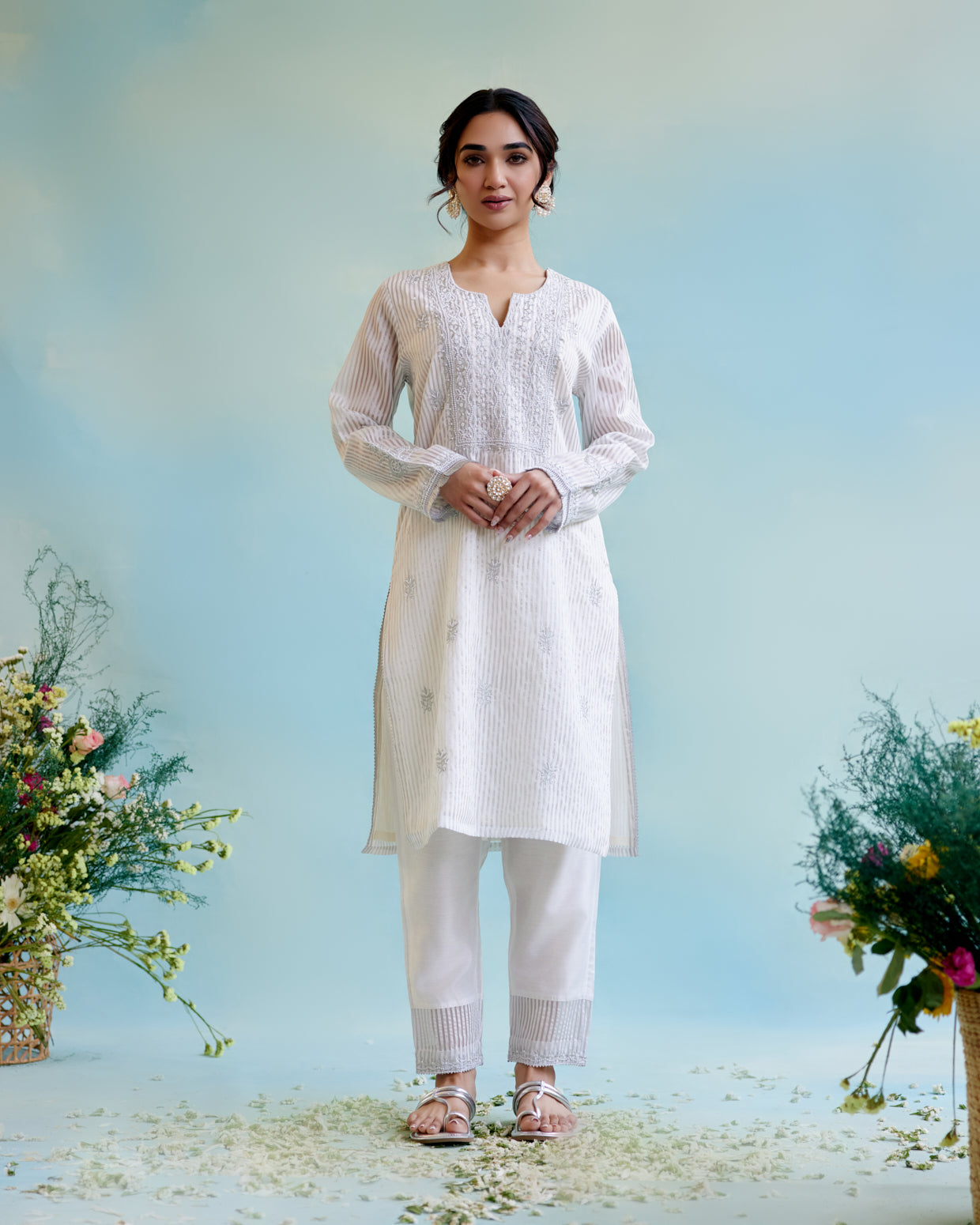 Image of Silver Zari Crushed Stripe Tissue Kurta with 
Floral Embroidery and Bead Work 
with Narrow Pants