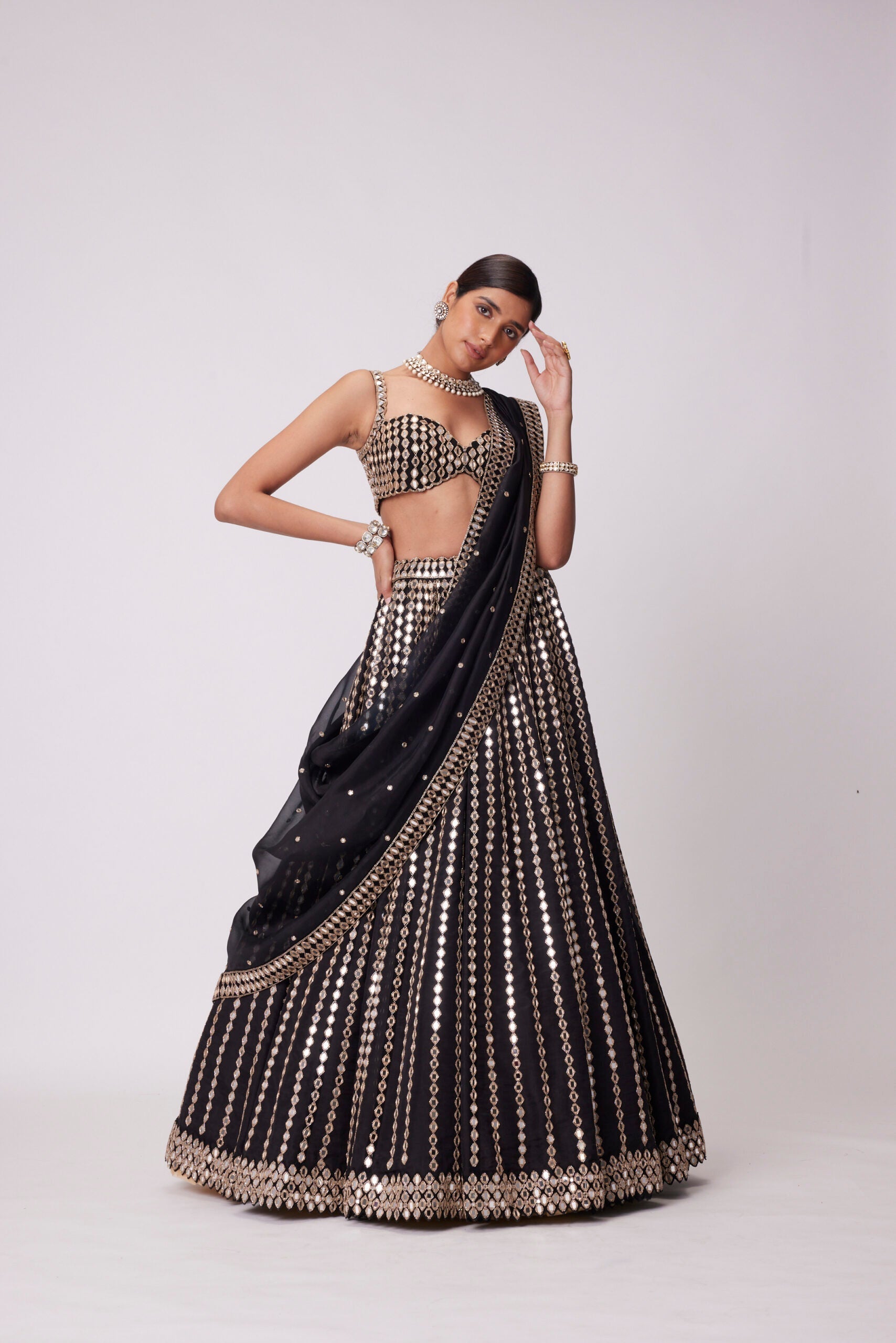 Image of BLACK LINEAR MIRROR EMBROIDERED LEHENGA SET