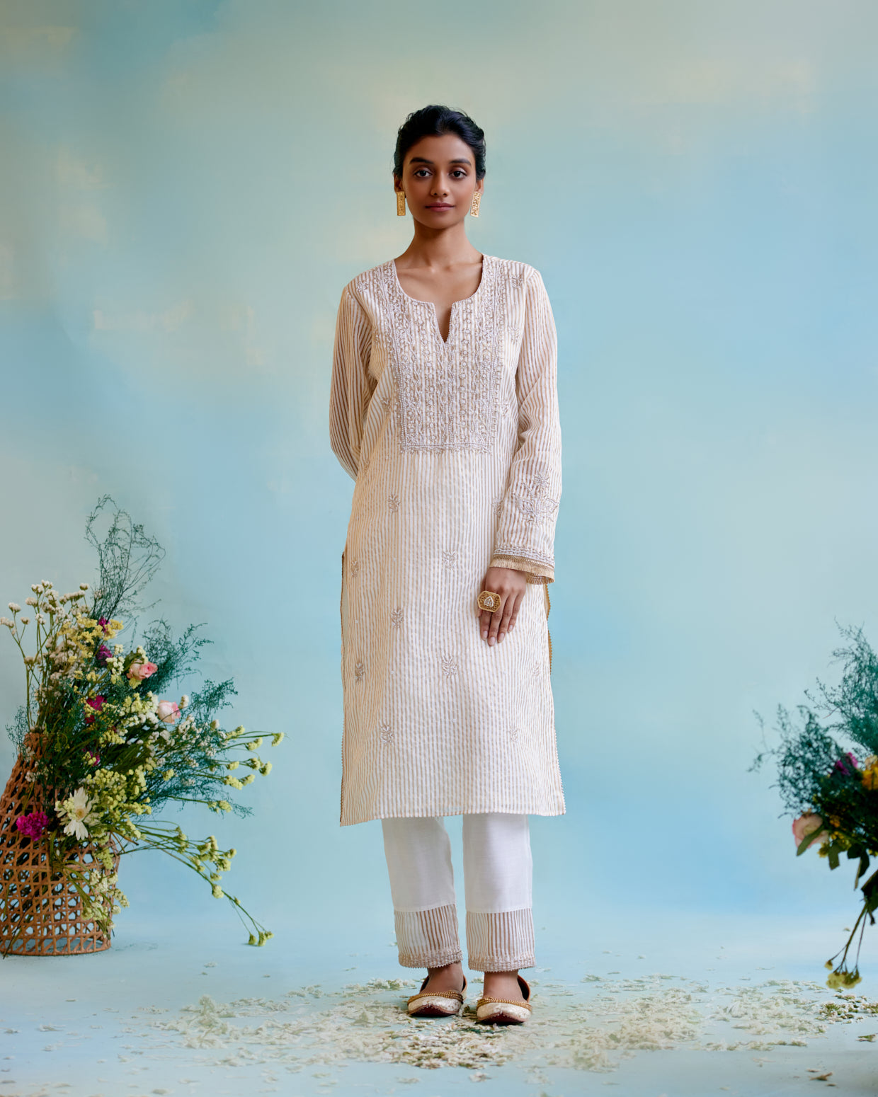 Image of Gold Zari Crushed Stripe Tissue Kurta with 
Floral Embroidery and Bead Work 
with Narrow Pants
