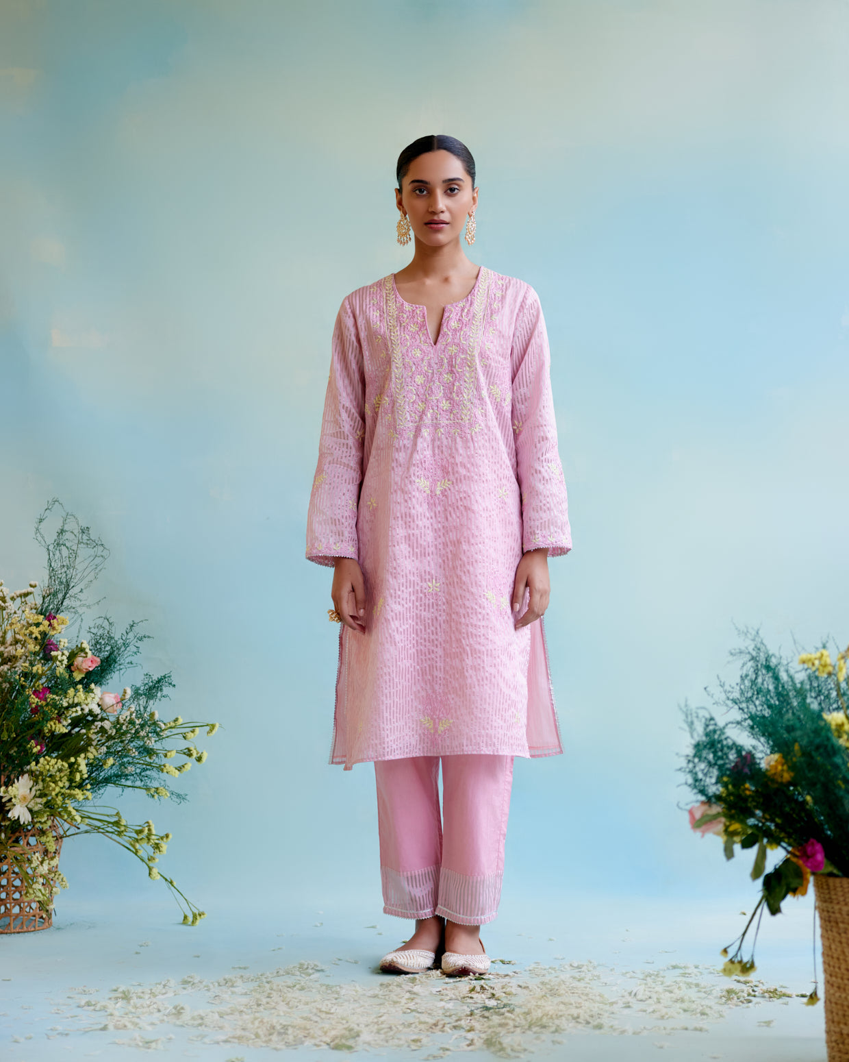 Image of Pink Rose Crushed Stripe Tissue Kurta with 
Floral Embroidery and Bead Work 
with Narrow Pants