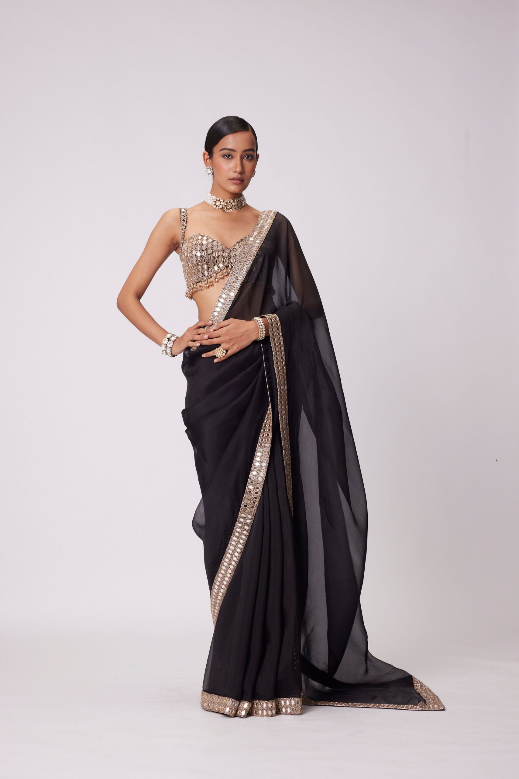 Image of BLACK ORGANZA SAREE SET