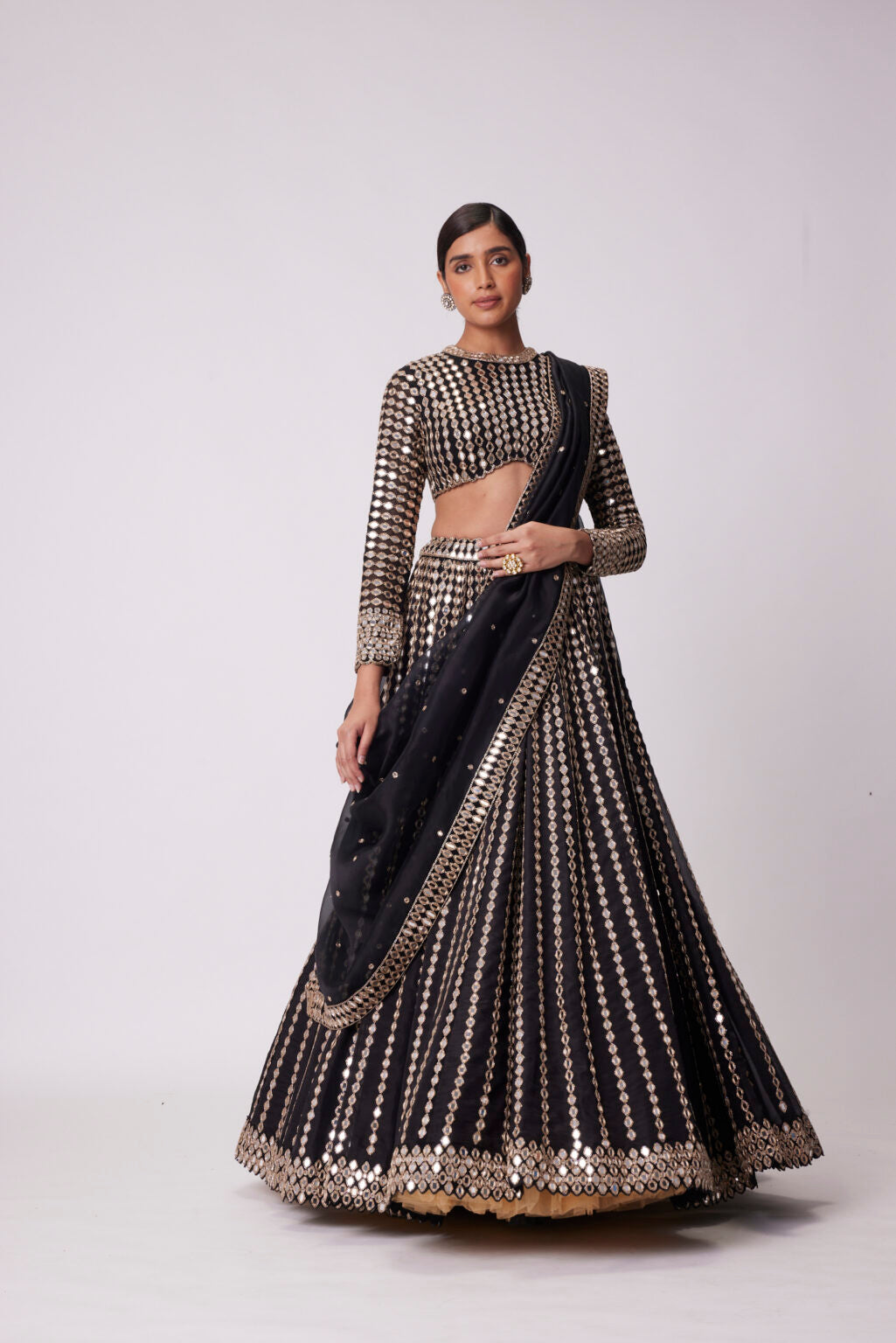 Image of BLACK LINEAR MIRROR EMBROIDERED ORGANZA LEHENGA SET