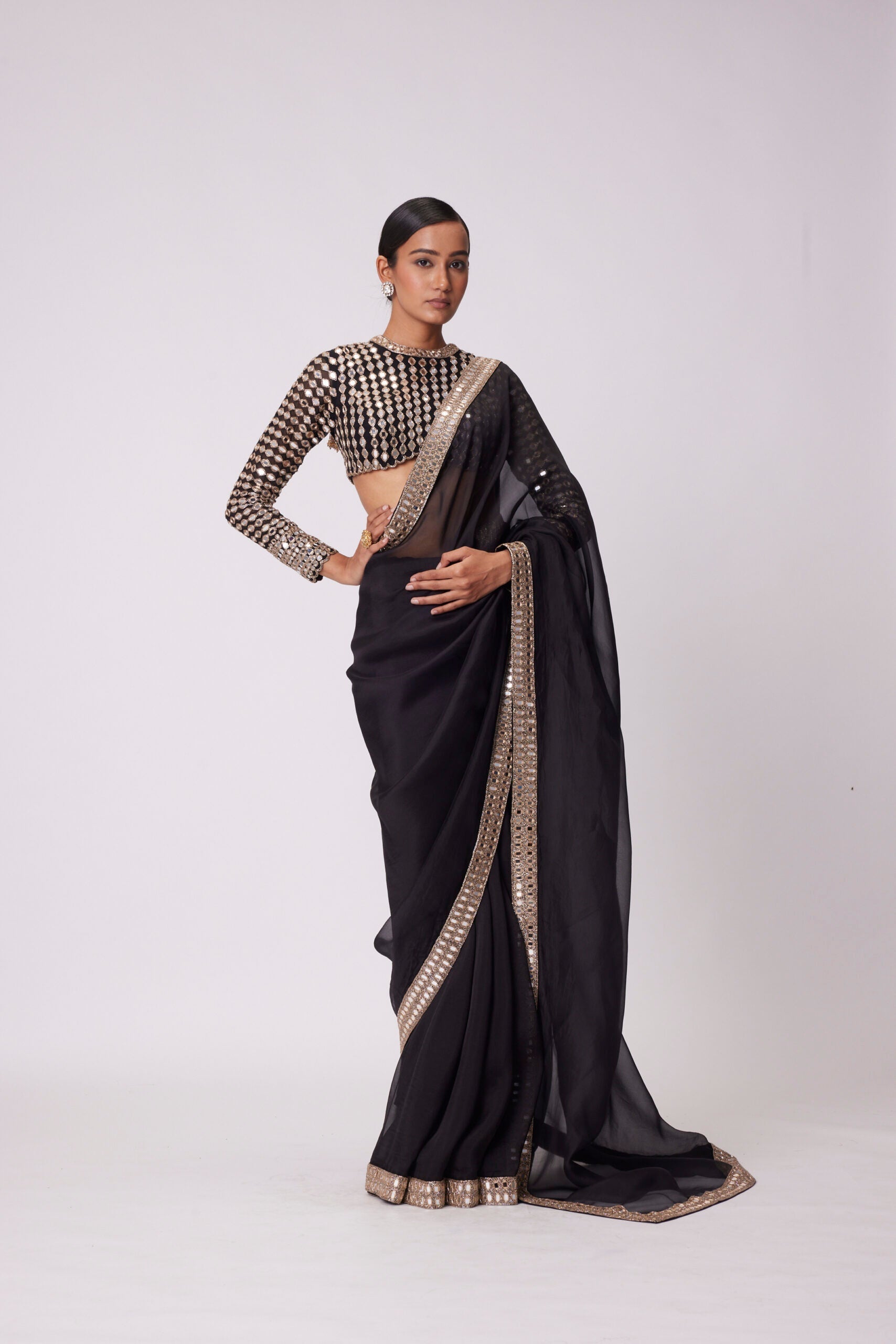 Image of BLACK HAND EMBROIDERED ORGANZA SAREE SET