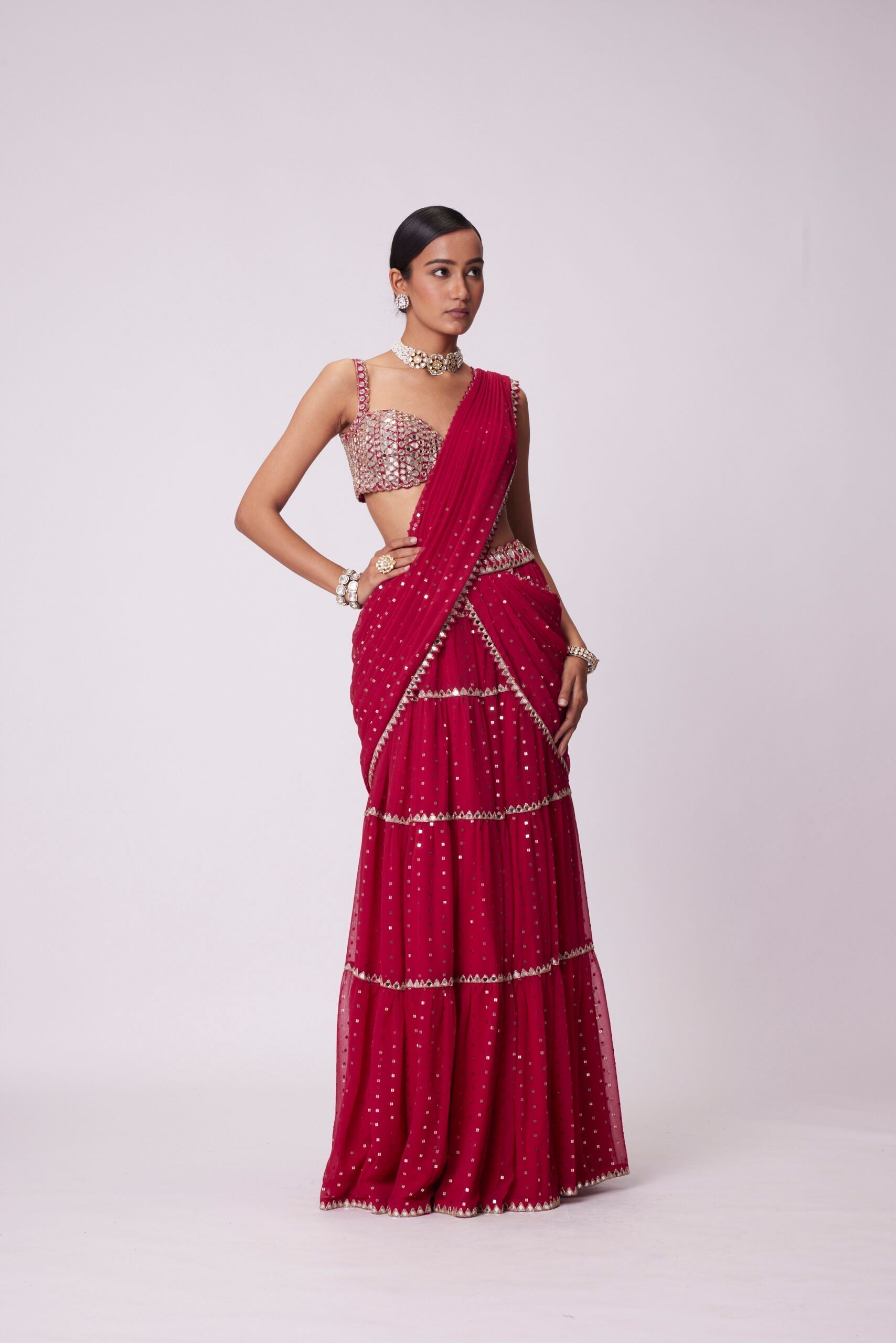 Image of CRIMSON RED MULTI- TIER SEQUIN EMBROIDERED SAREE SET