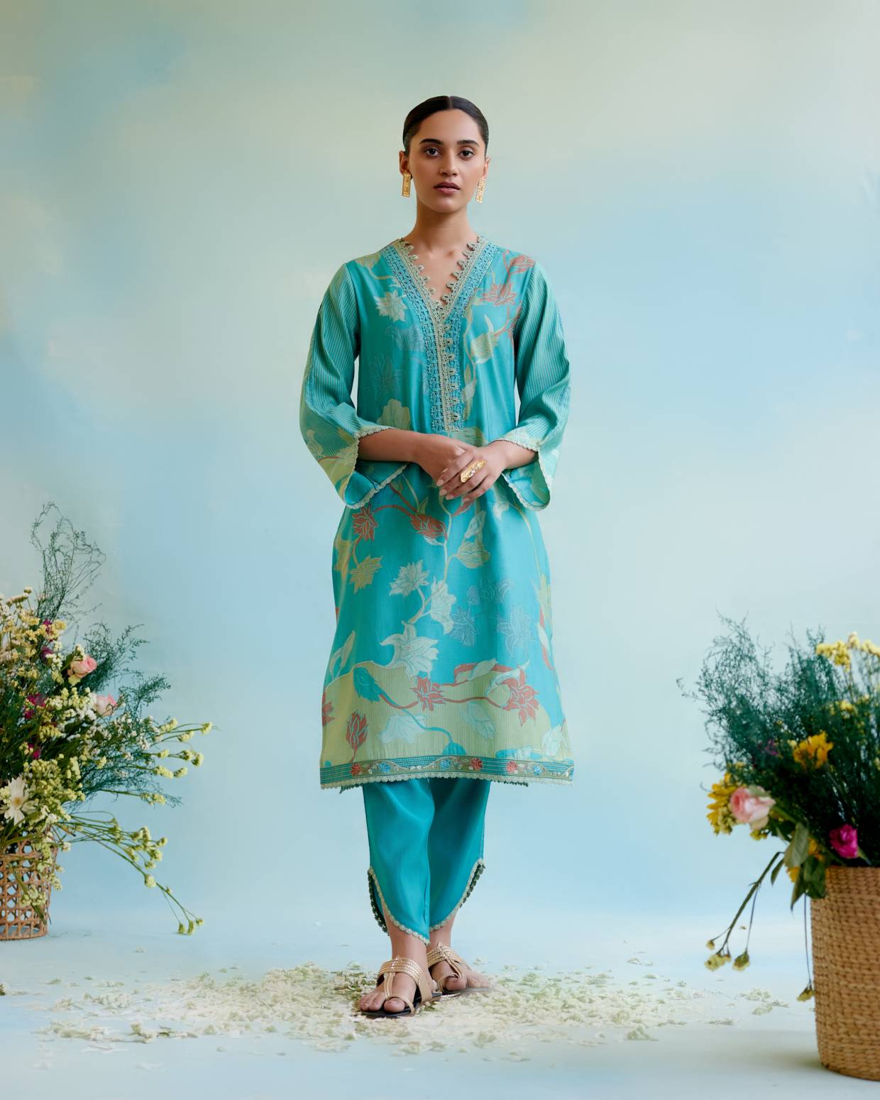 Image of Peacock Blue Printer Kurta with 
delicate lace detailing with Tulip Pants and Dupatta