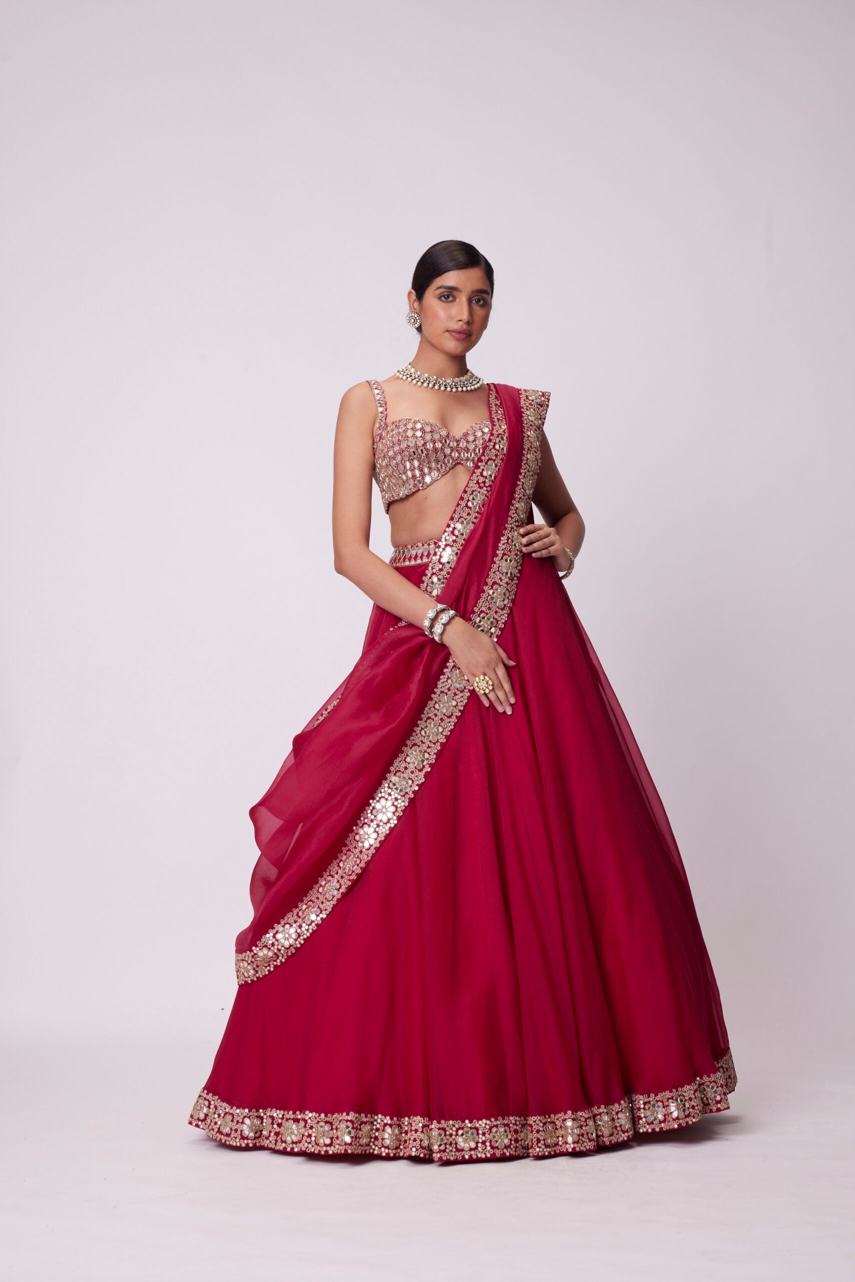 Image of CRIMSON RED ORGANZA HAND EMBROIDERED LEHENGA SET