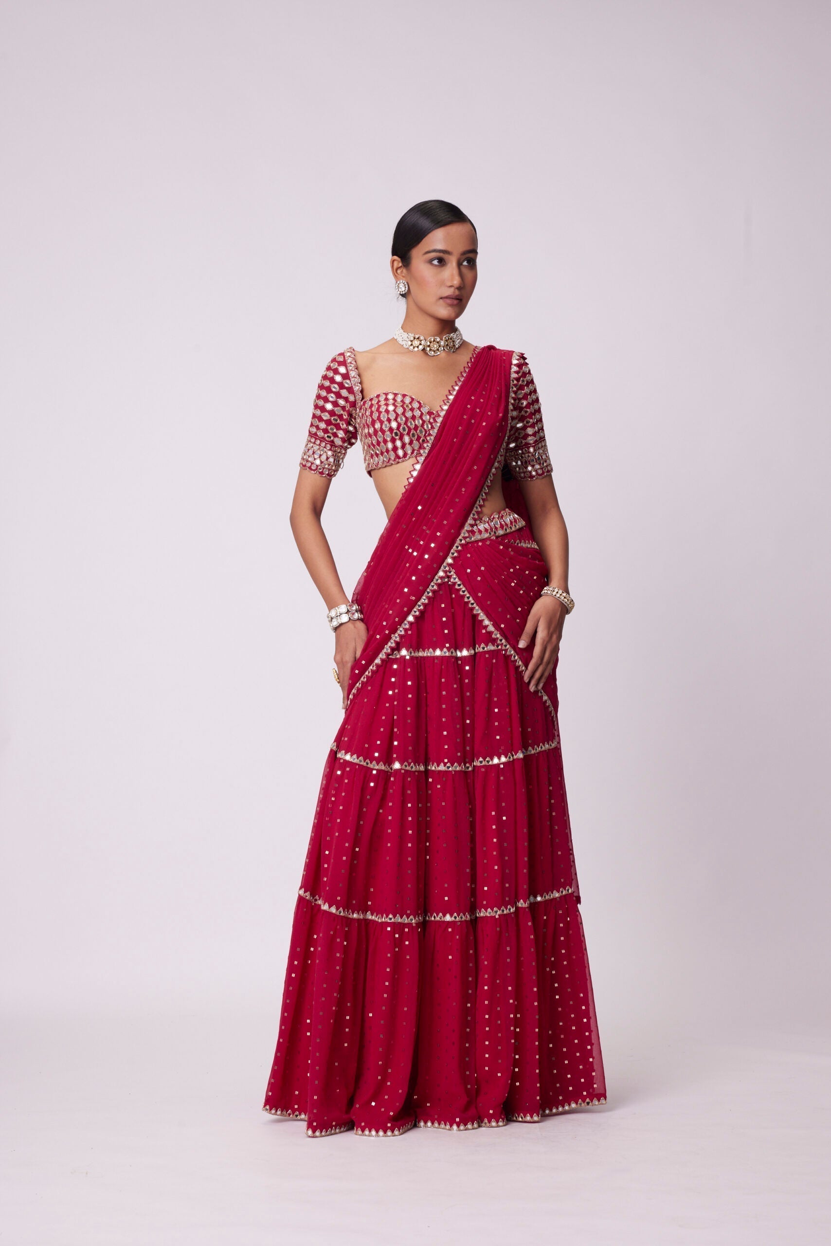 Image of CRIMSON RED MULTI- TIER SAREE SET