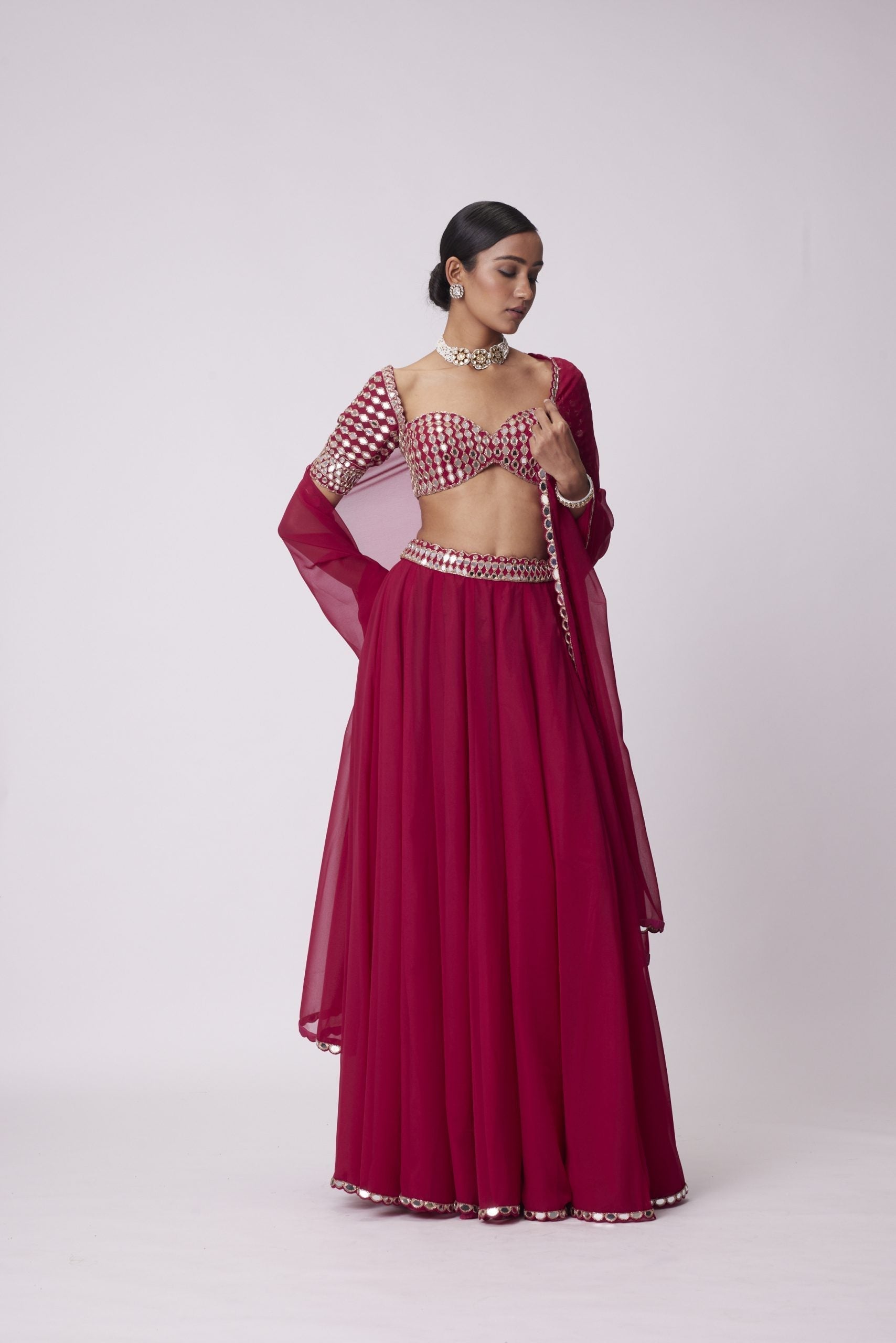 Image of CRIMSON RED GEORGETTE LEHENGA PANTS SET