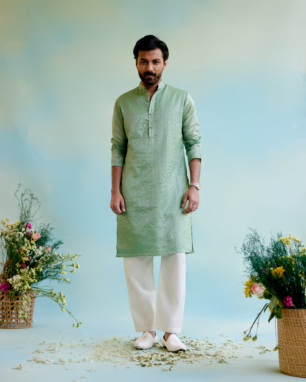 Image of Mint Meadow Crushed 
Stripe Tissue Kurta