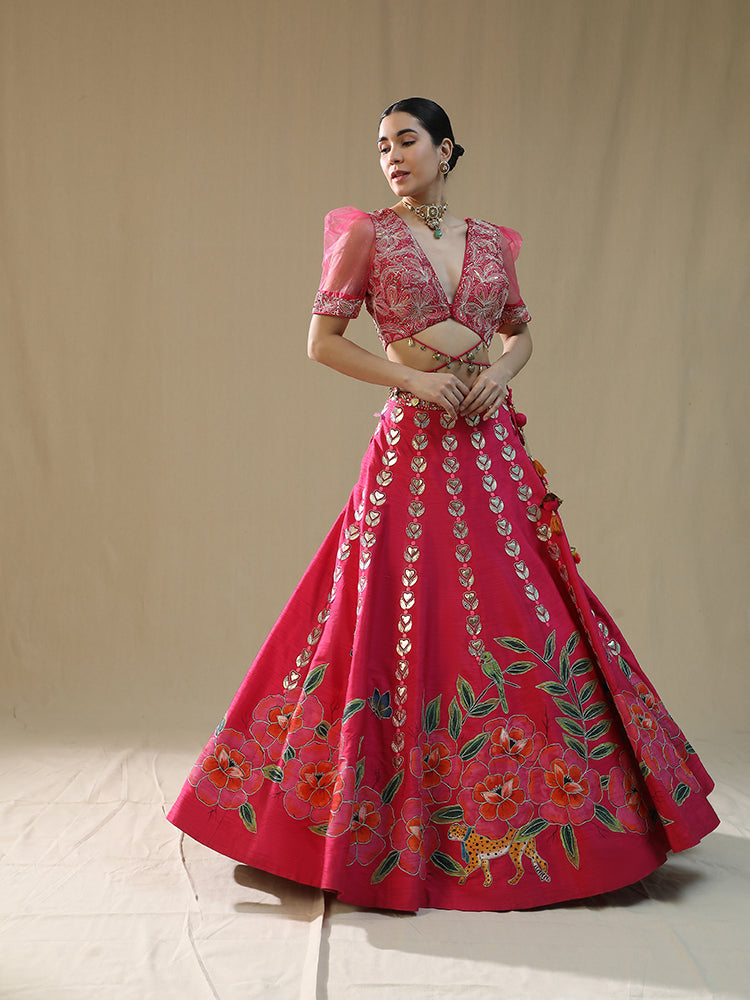 Pink Leopard Handpainted lehnga set