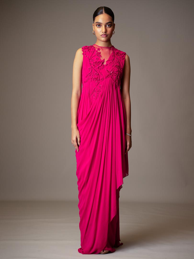 Fuchisa Georgette 3D Embellished
 Draped Gown