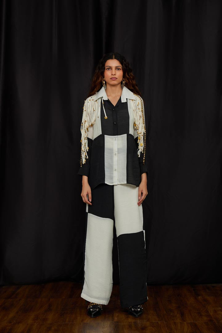 Black & white panelled jhalar shirt set