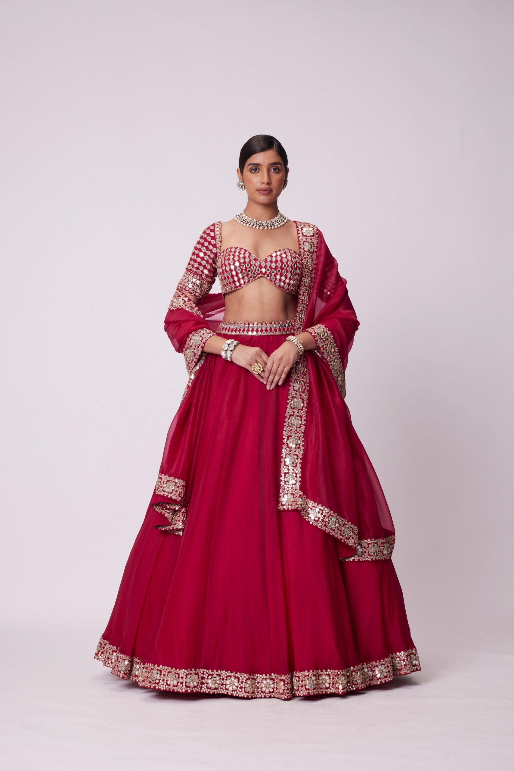 Image of CRIMSON RED ORGANZA MIRROR LEHENGA SET