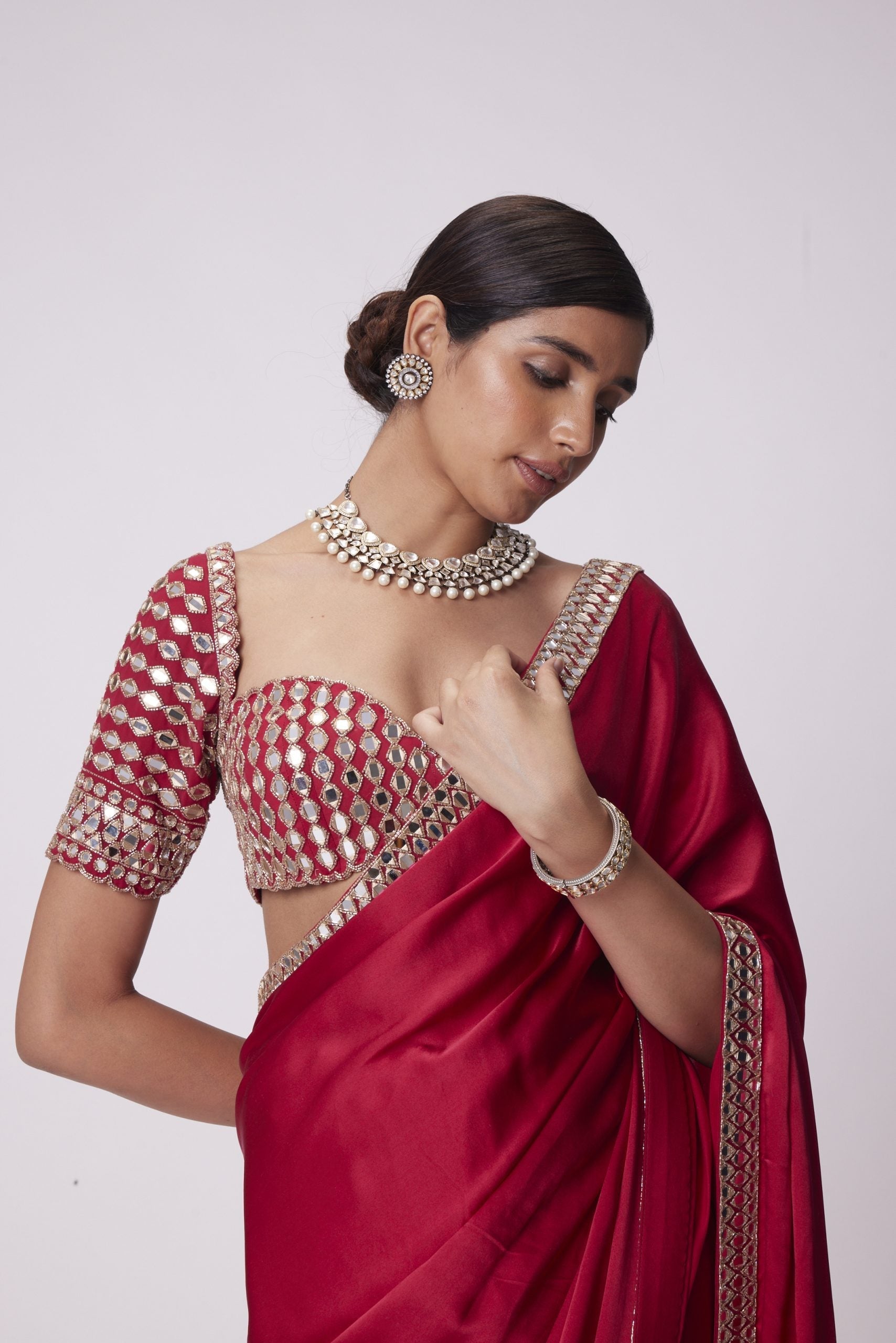 Image of CRIMSON RED  SATIN MIRROR EMBROIDERED SAREE SET