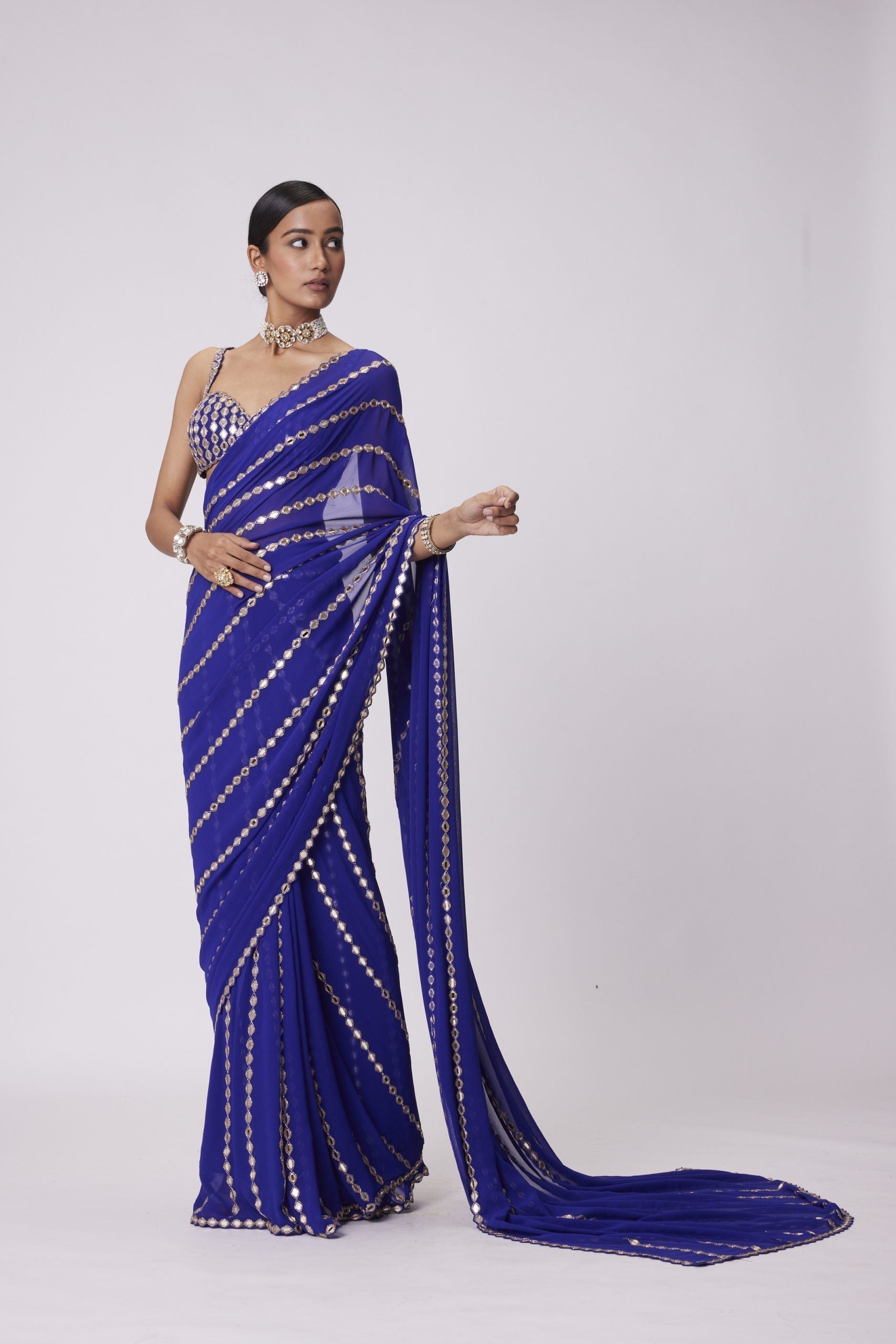 Image of PERSIAN BLUE LINEAR EMBROIDERY GEORGETTE SAREE SET