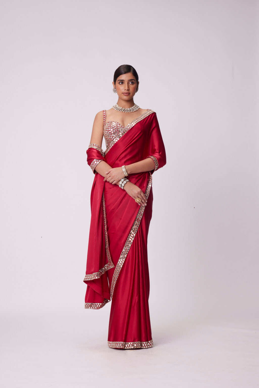 Image of CRIMSON RED SATIN SAREE SET