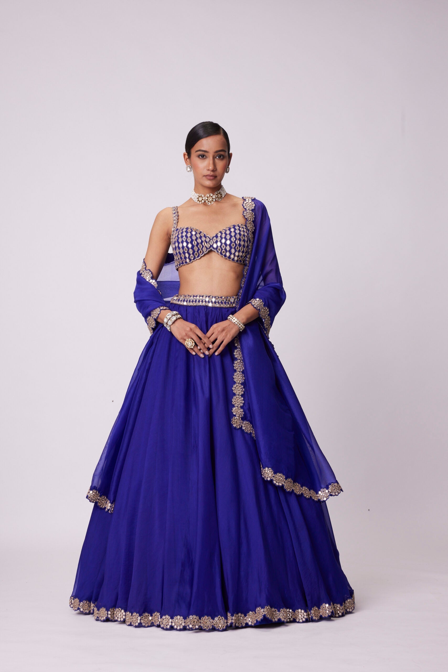 Image of PERSIAN BLUE LINEAR MIRROR EMBROIDERED LEHENGA SET