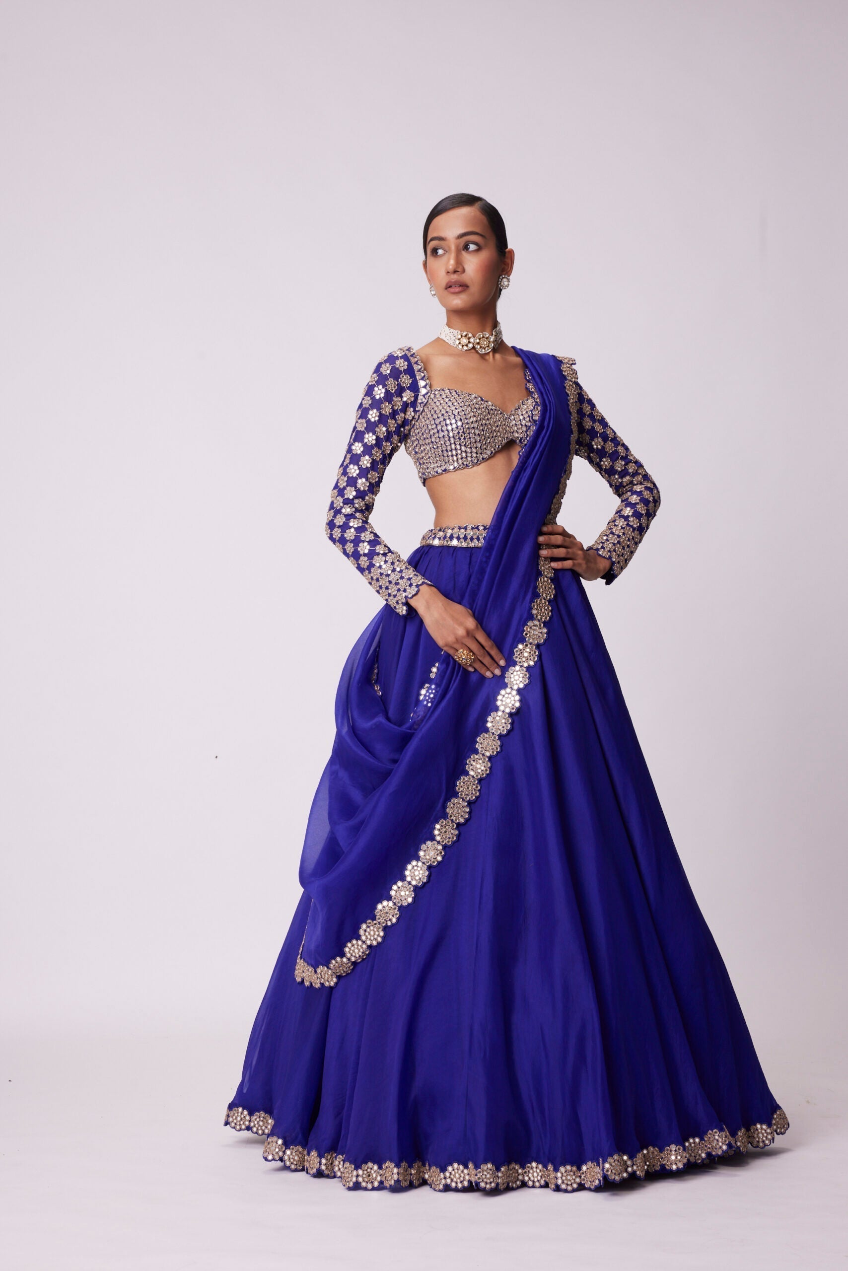 Image of PERSIAN BLUE HAND EMBROIDERED LEHENGA SET