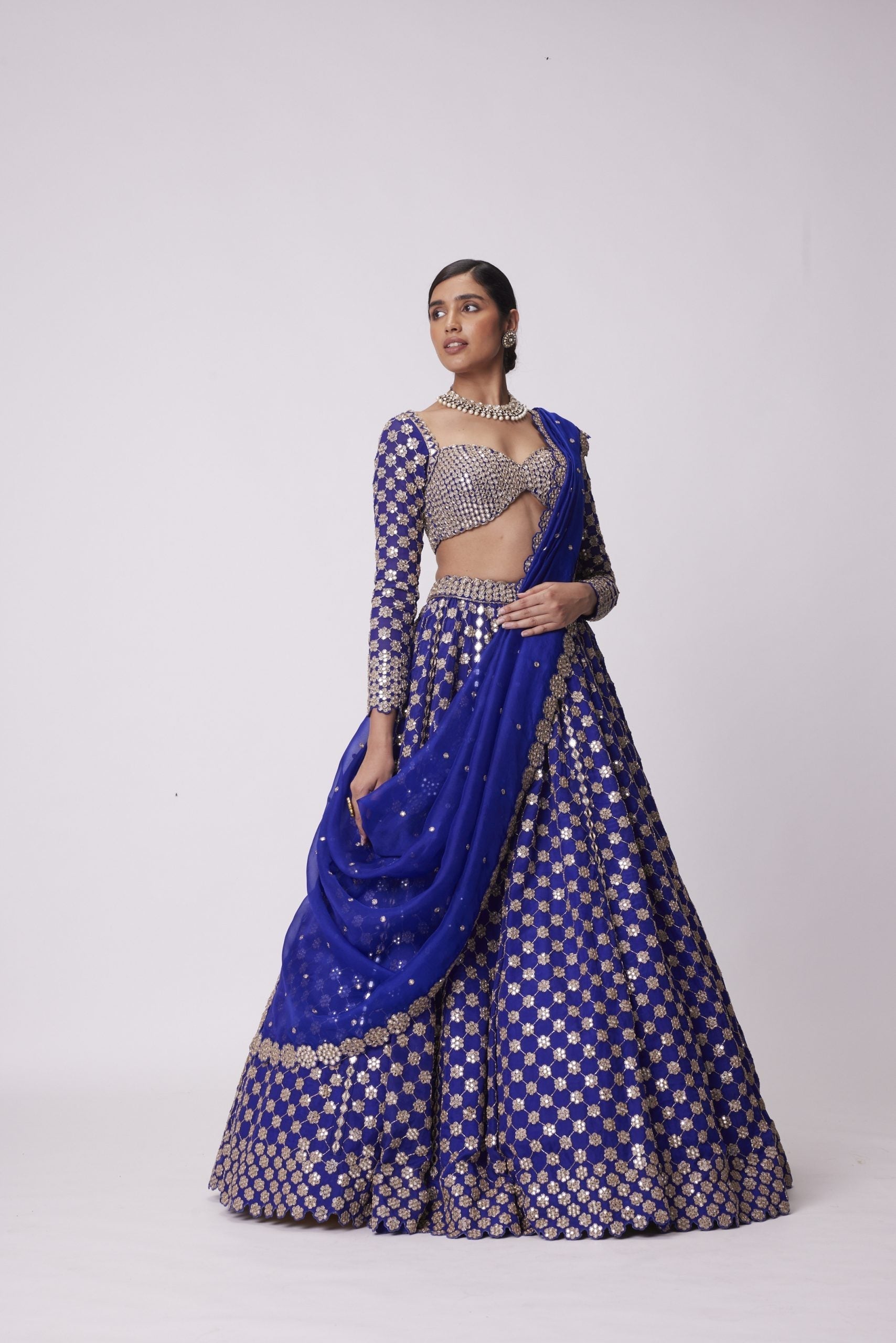 Image of PERSIAN BLUE MIRROR FLOWER HAND EMBROIDERED LEHENGA