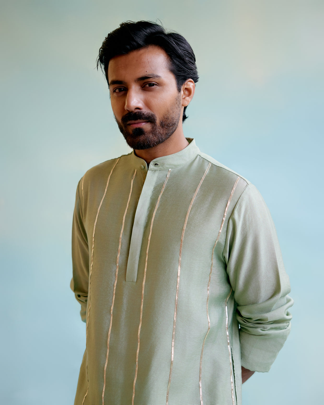 Image of Sage Green Chanderi
 Gota Kurta