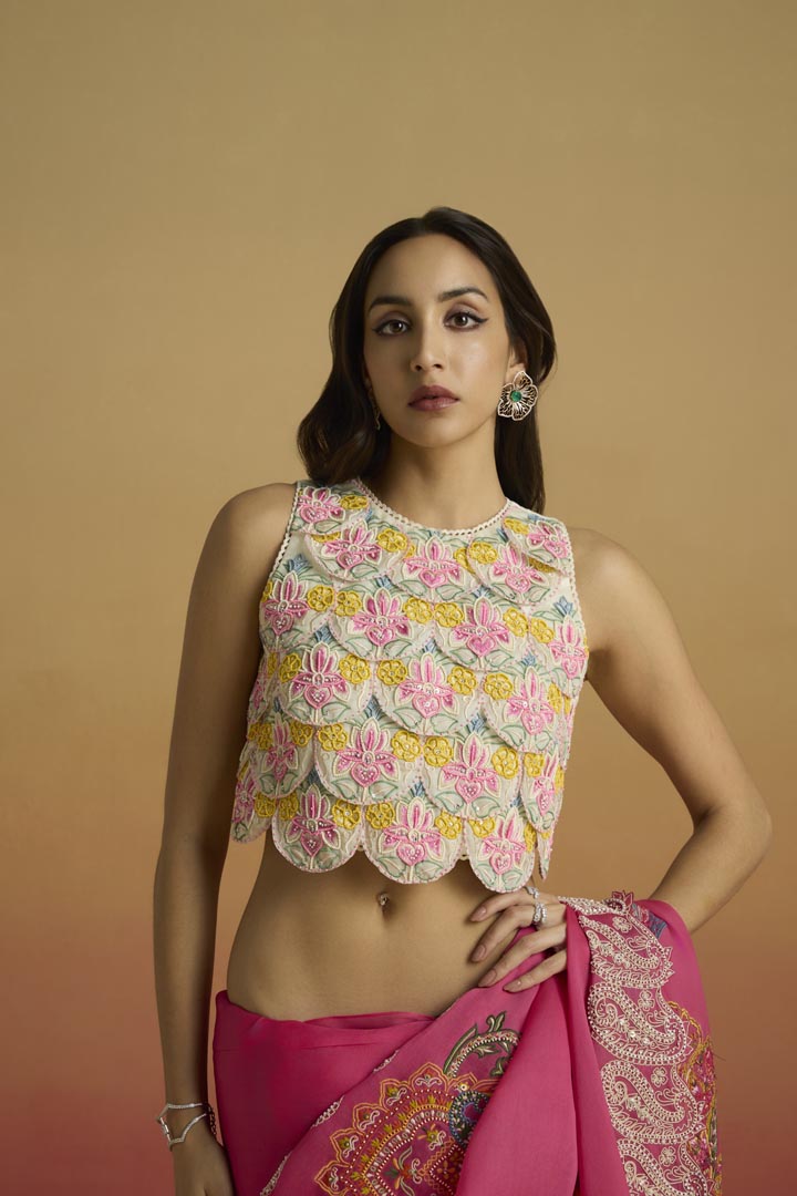 Ivory Chanderi Scalloped Crop Top with Exquisite Beadwork