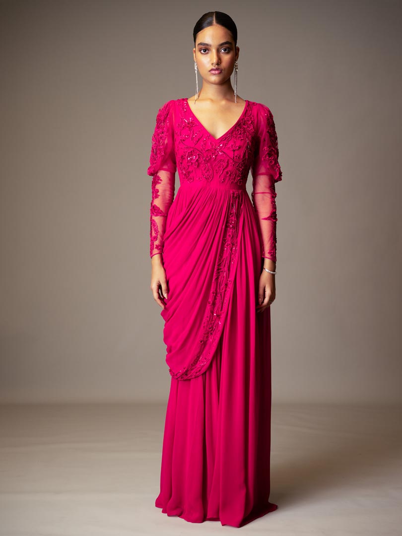 Pink Georgette Bead 3D Embellished
 Gown Saree